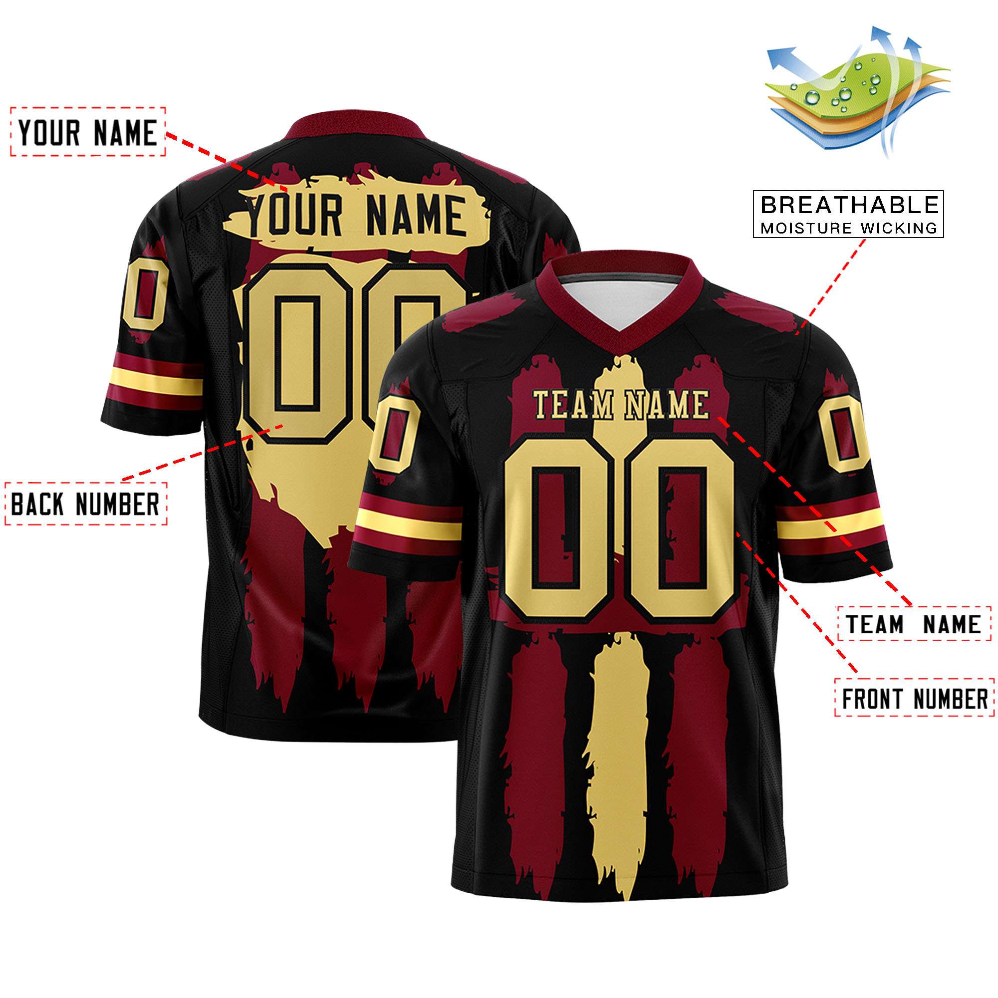 Custom Black Crimson and Khaki Graffiti Pattern Flag Football Jerseys