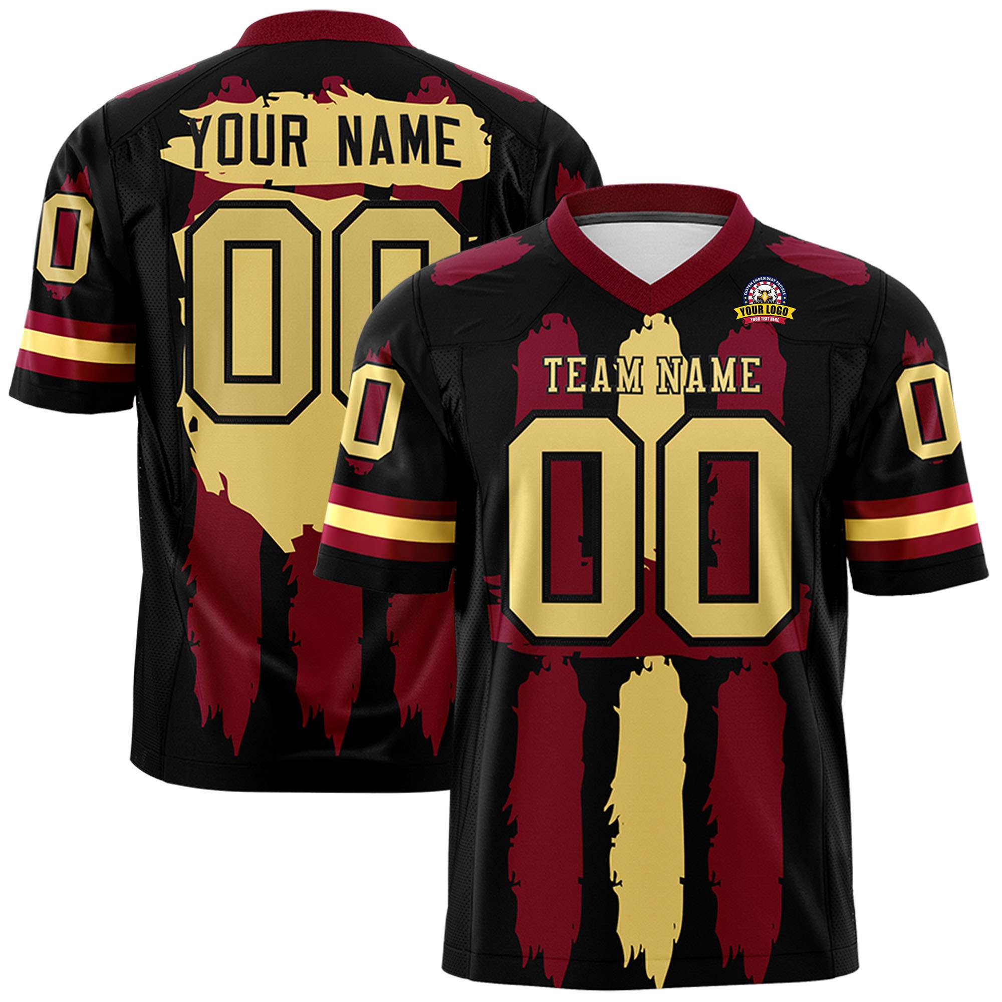 Custom Black Crimson and Khaki Graffiti Pattern Flag Football Jerseys