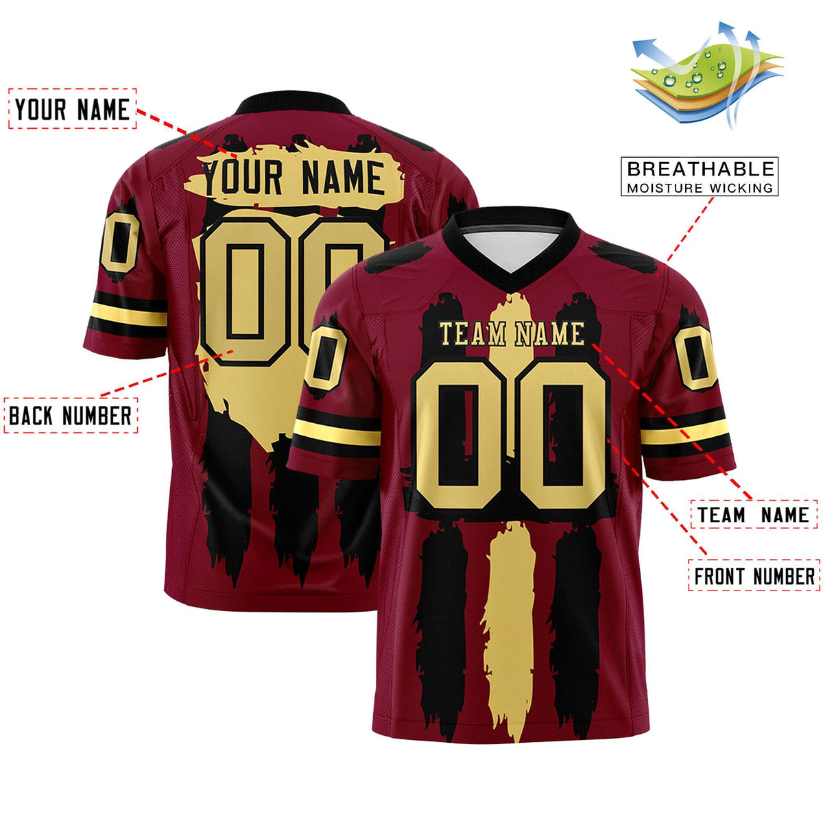 Custom Crimson Black and Khaki Graffiti Pattern Flag Football Jerseys