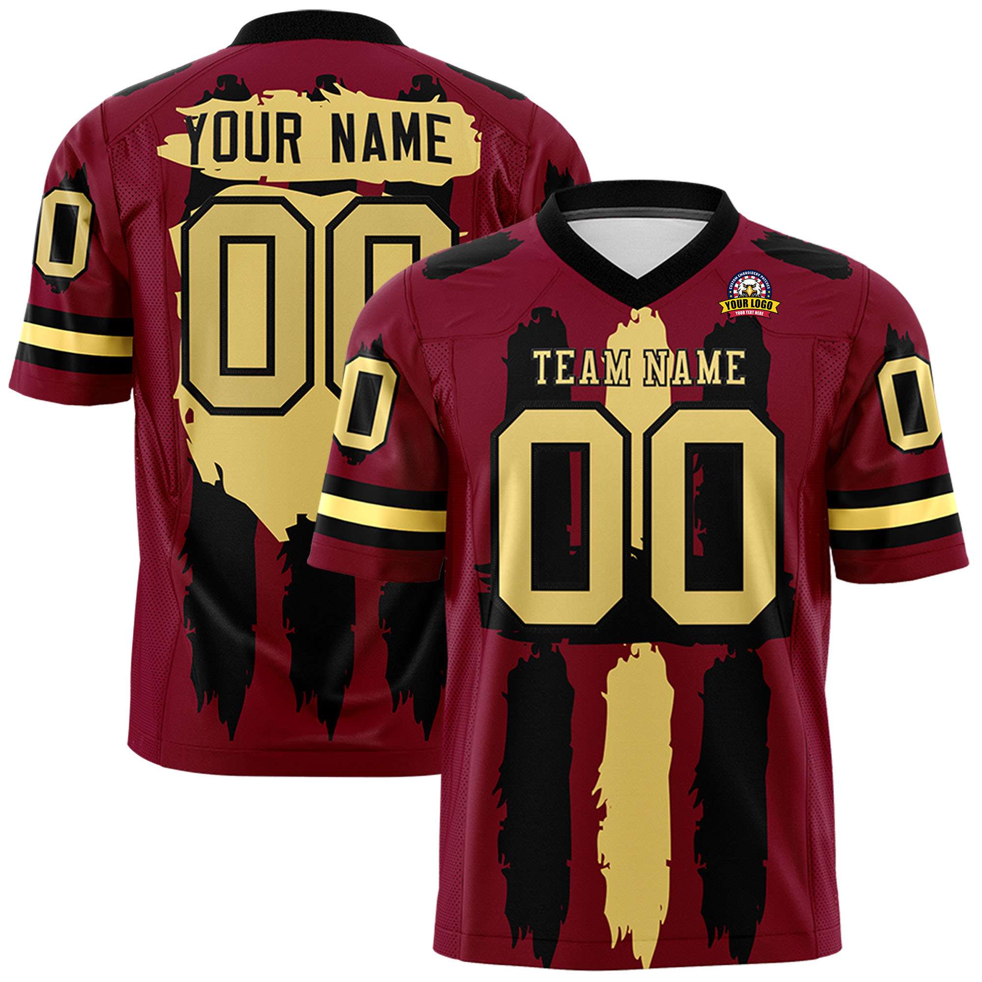 Custom Crimson Black and Khaki Graffiti Pattern Flag Football Jerseys