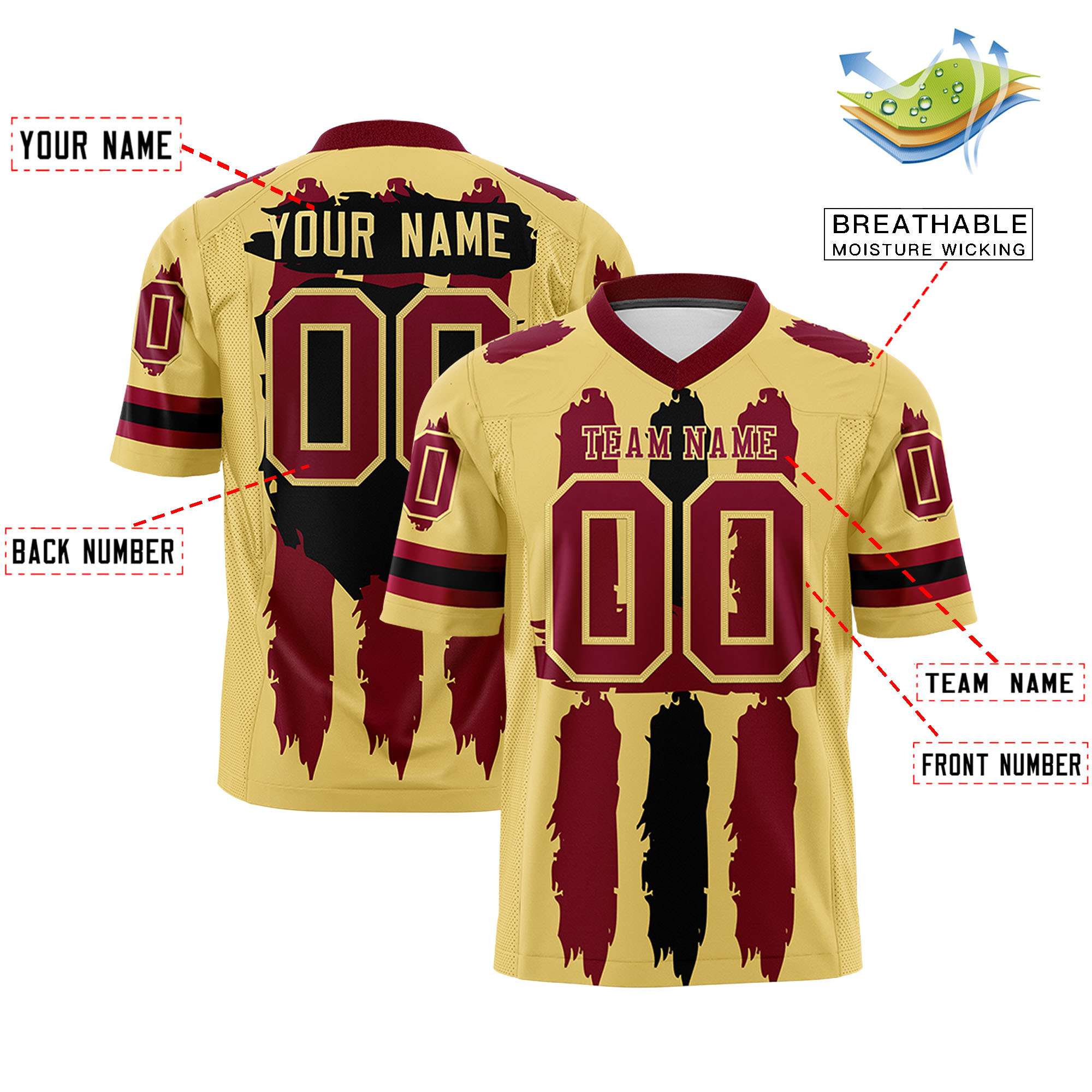 Custom Khaki Crimson and Black Graffiti Pattern Flag Football Jerseys