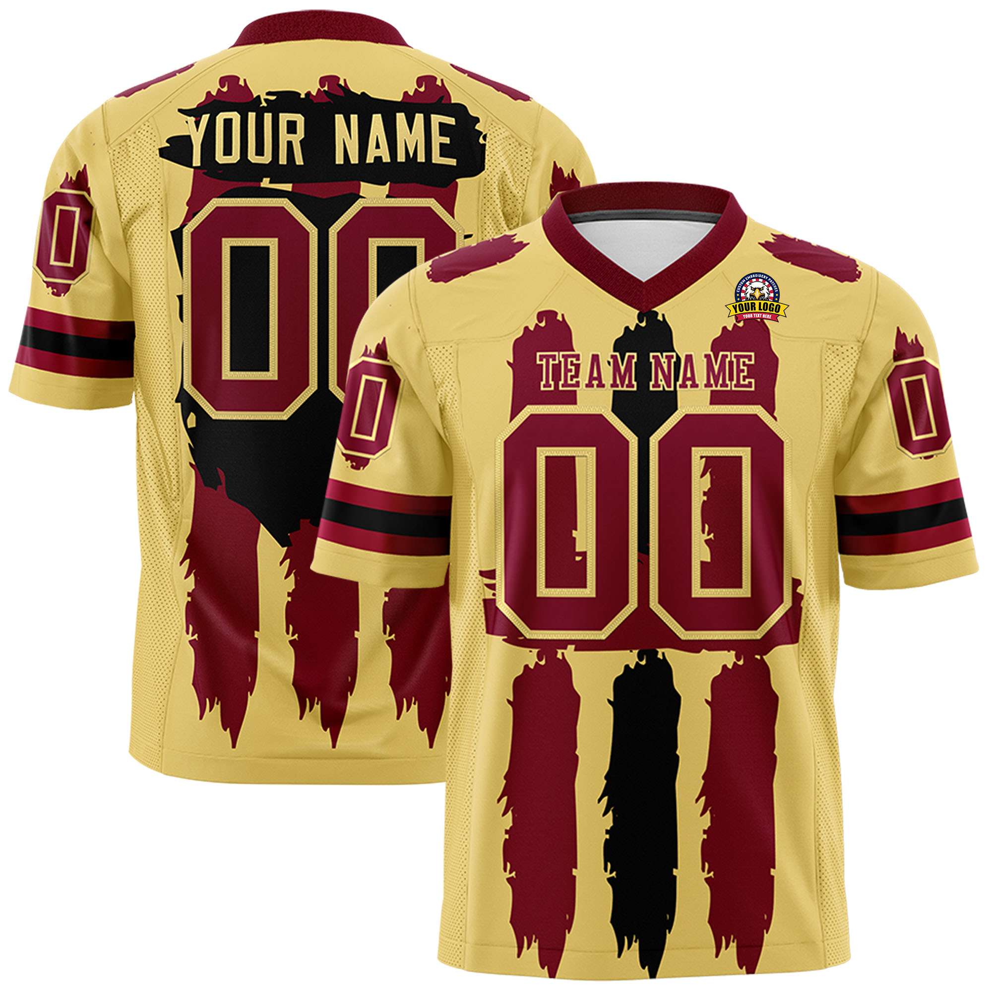 Custom Khaki Crimson and Black Graffiti Pattern Flag Football Jerseys