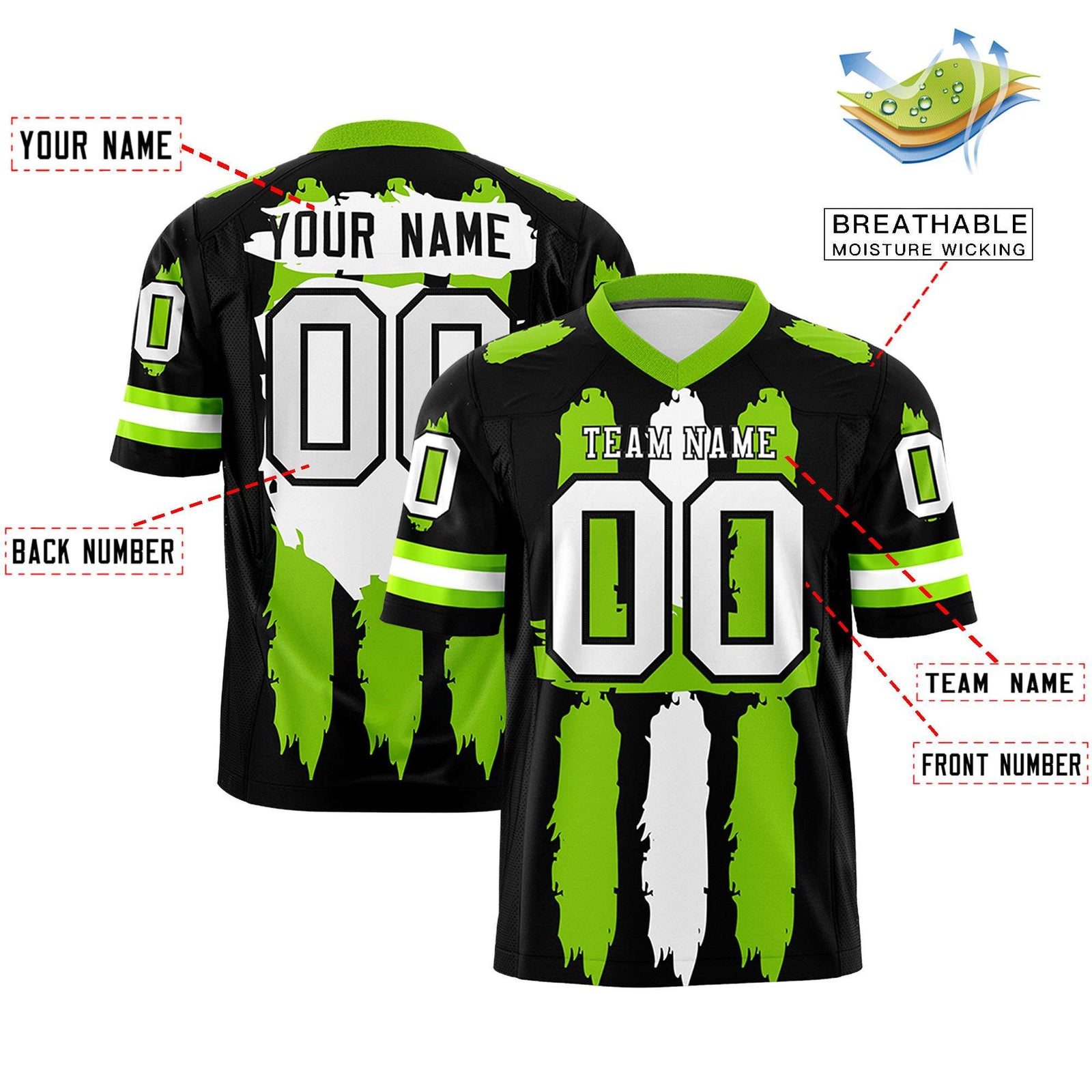 Custom Black Neon Green and White Graffiti Pattern Flag Football Jerseys