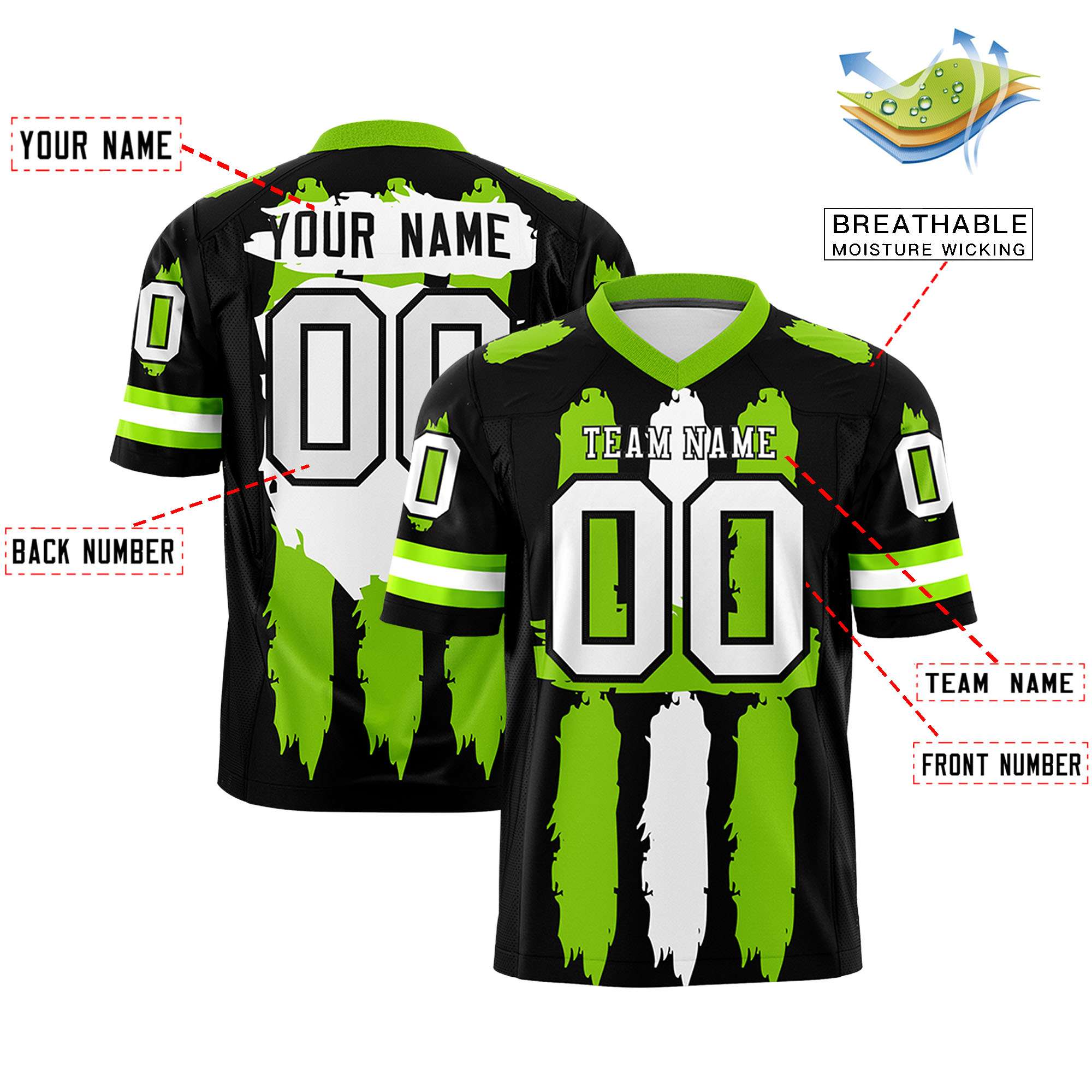 Custom Black Neon Green and White Graffiti Pattern Flag Football Jerseys