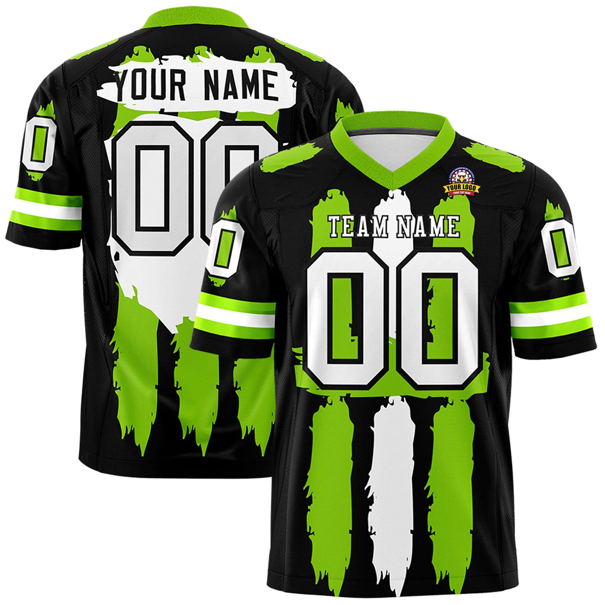 Custom Black Neon Green and White Graffiti Pattern Flag Football Jerseys