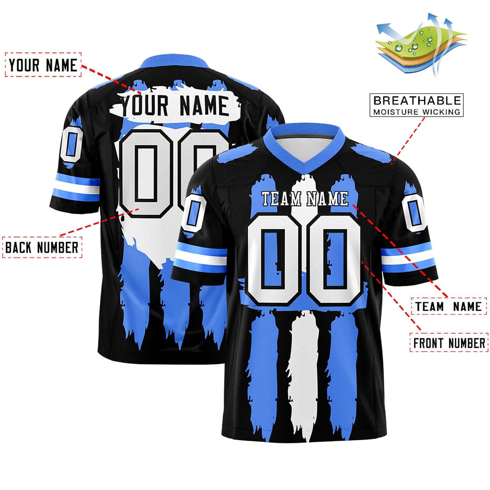 Custom Black Powder Blue and White Graffiti Pattern Flag Football Jerseys