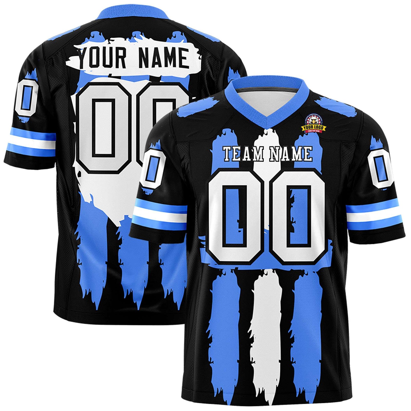 Custom Black Powder Blue and White Graffiti Pattern Flag Football Jerseys