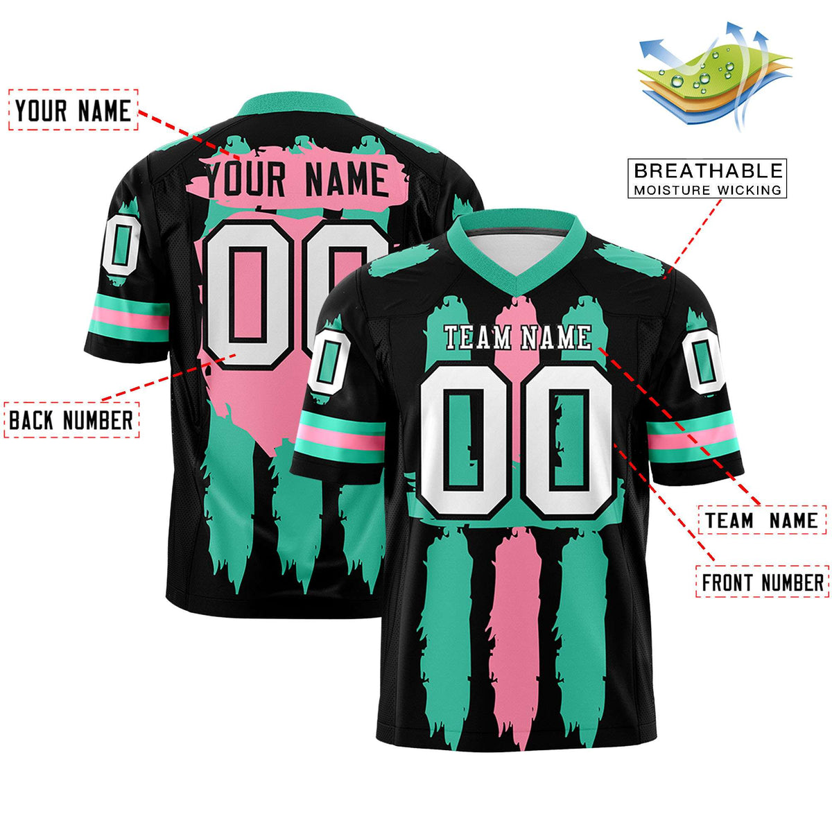Custom Black Bright Green and Light Pink Graffiti Pattern Flag Football Jerseys