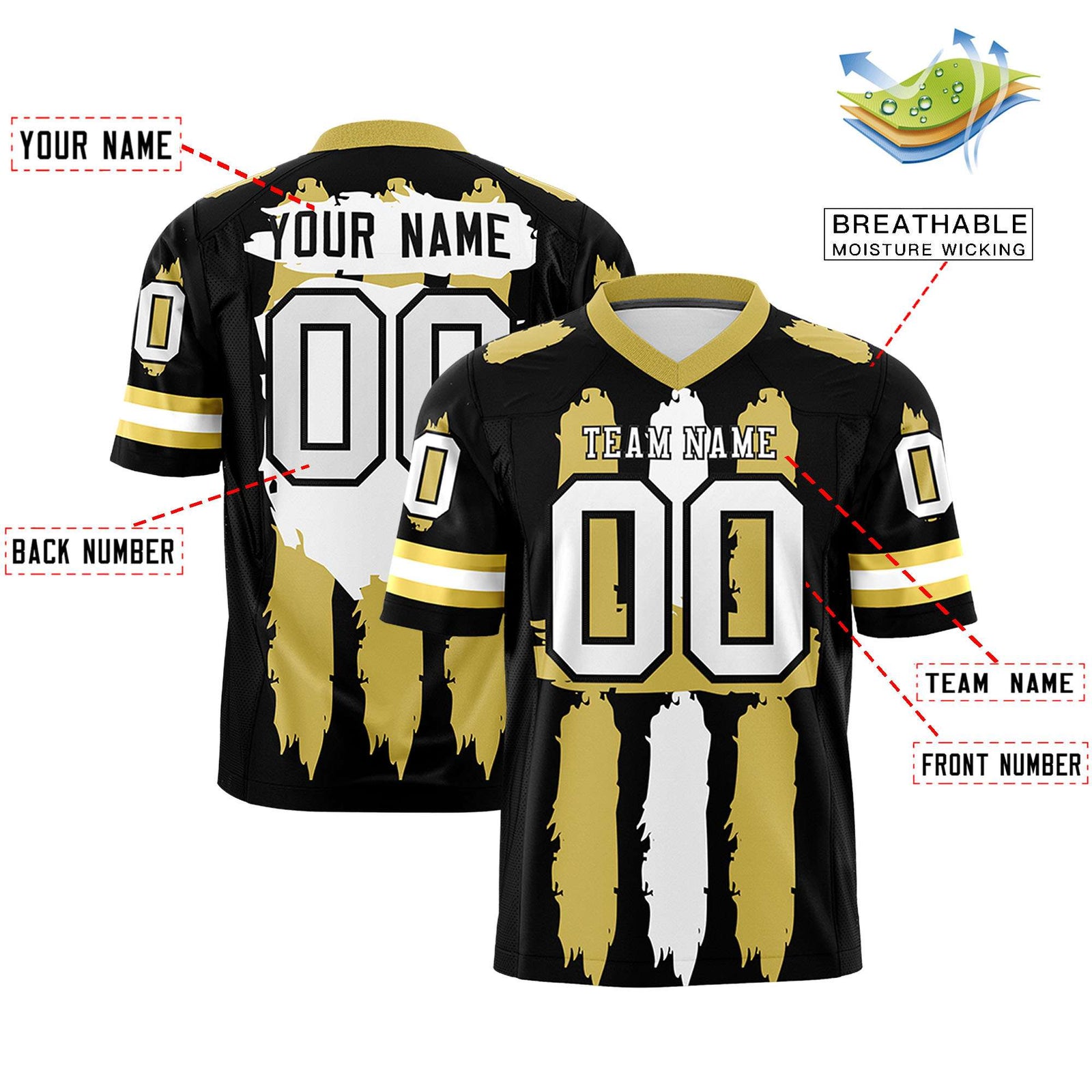Custom Black Old Gold and White Graffiti Pattern Flag Football Jerseys