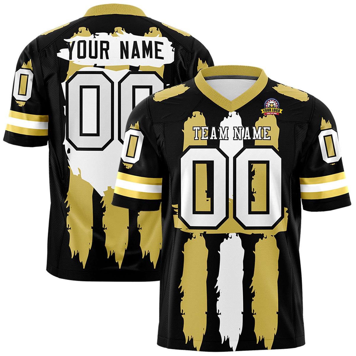 Custom Black Old Gold and White Graffiti Pattern Flag Football Jerseys
