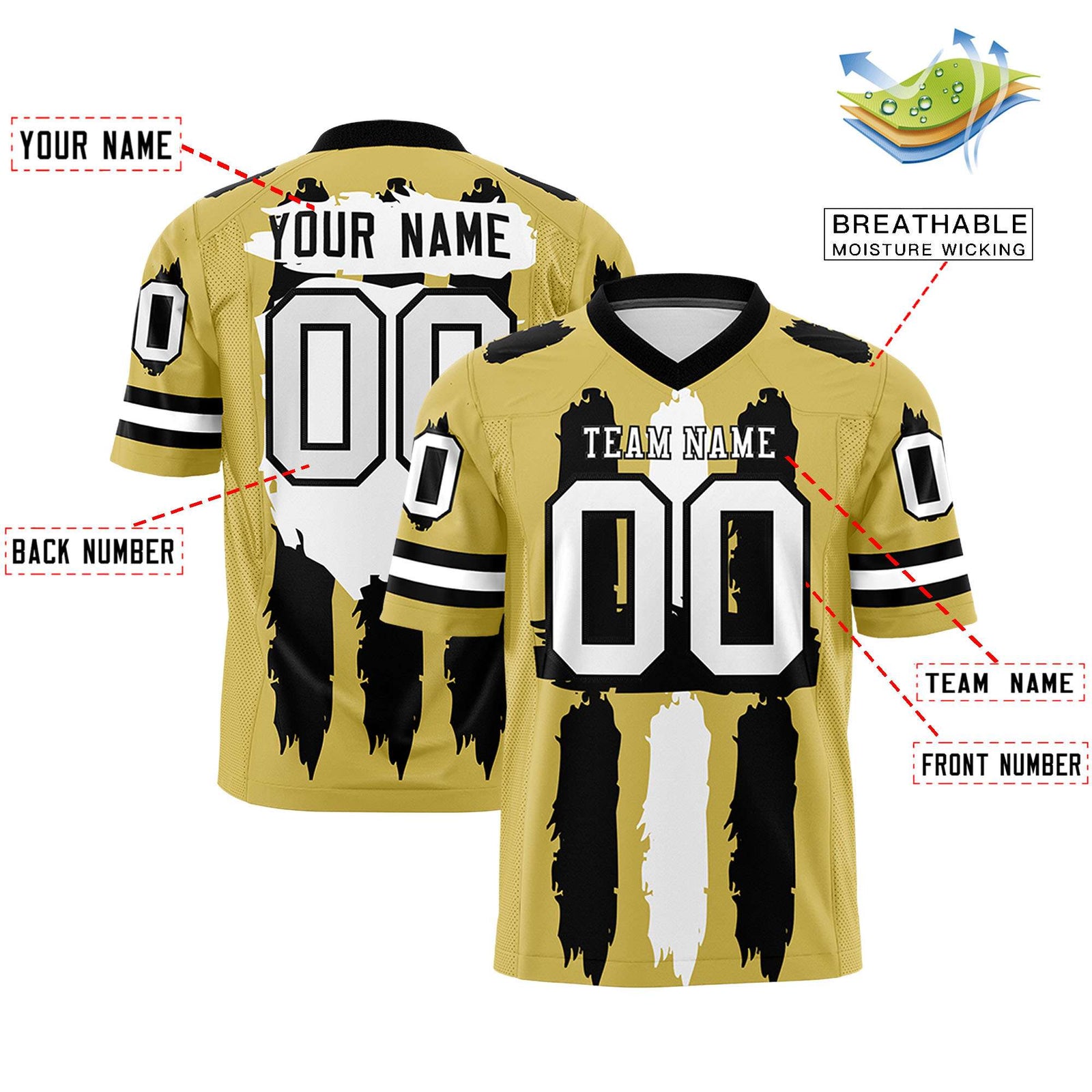 Custom Old Gold Black and White Graffiti Pattern Flag Football Jerseys
