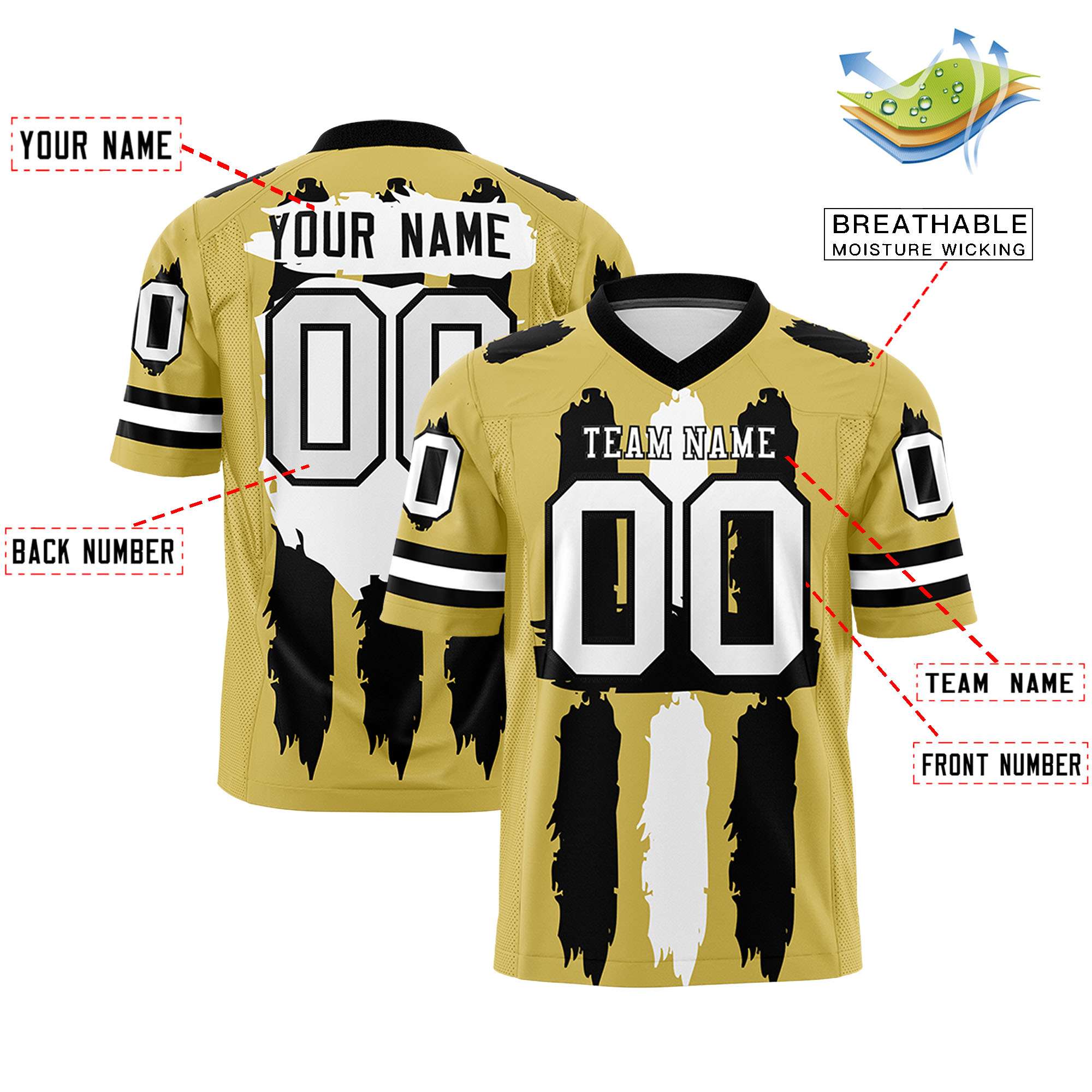 Custom Old Gold Black and White Graffiti Pattern Flag Football Jerseys