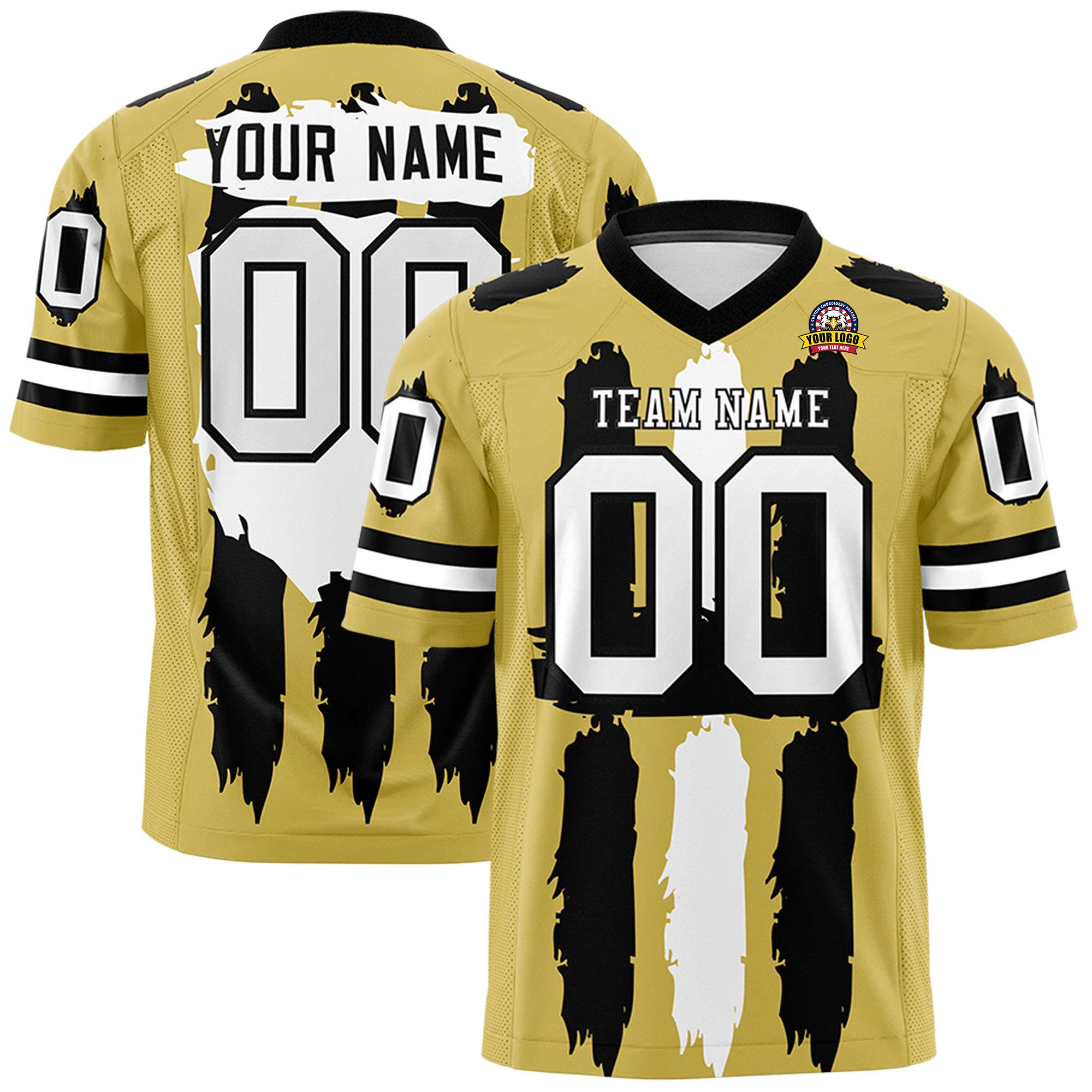 Custom Old Gold Black and White Graffiti Pattern Flag Football Jerseys