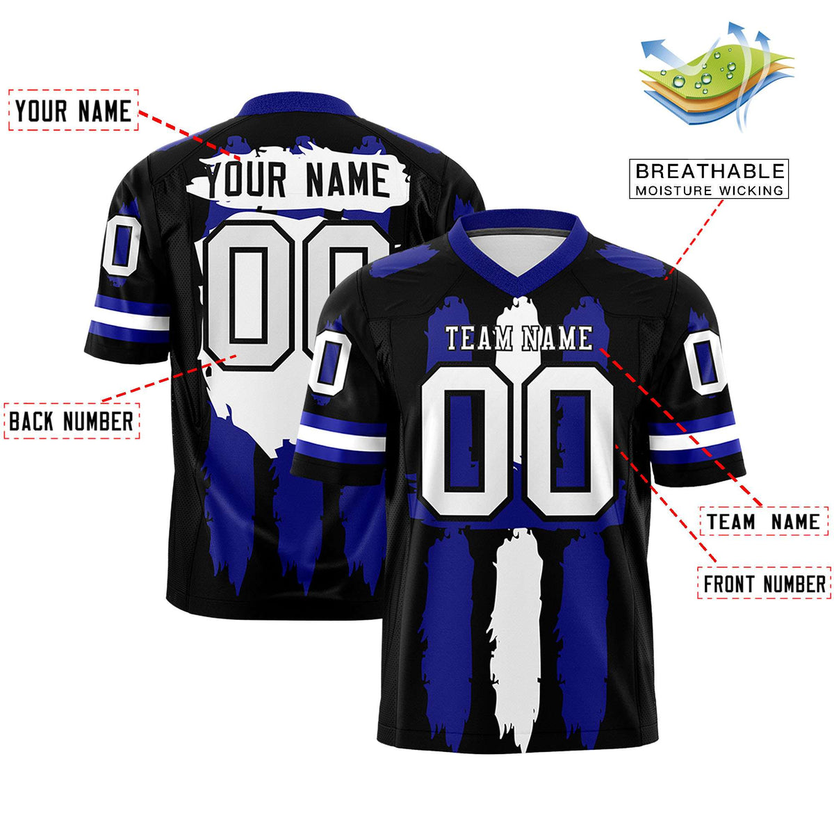 Custom Black Royal and White Graffiti Pattern Flag Football Jerseys