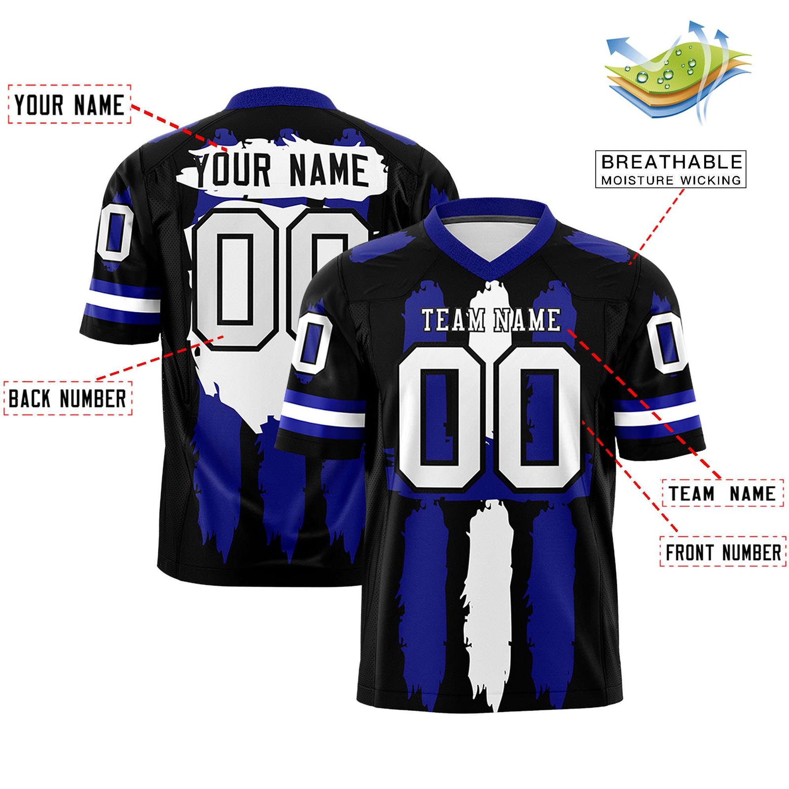 Custom Black Royal and White Graffiti Pattern Flag Football Jerseys
