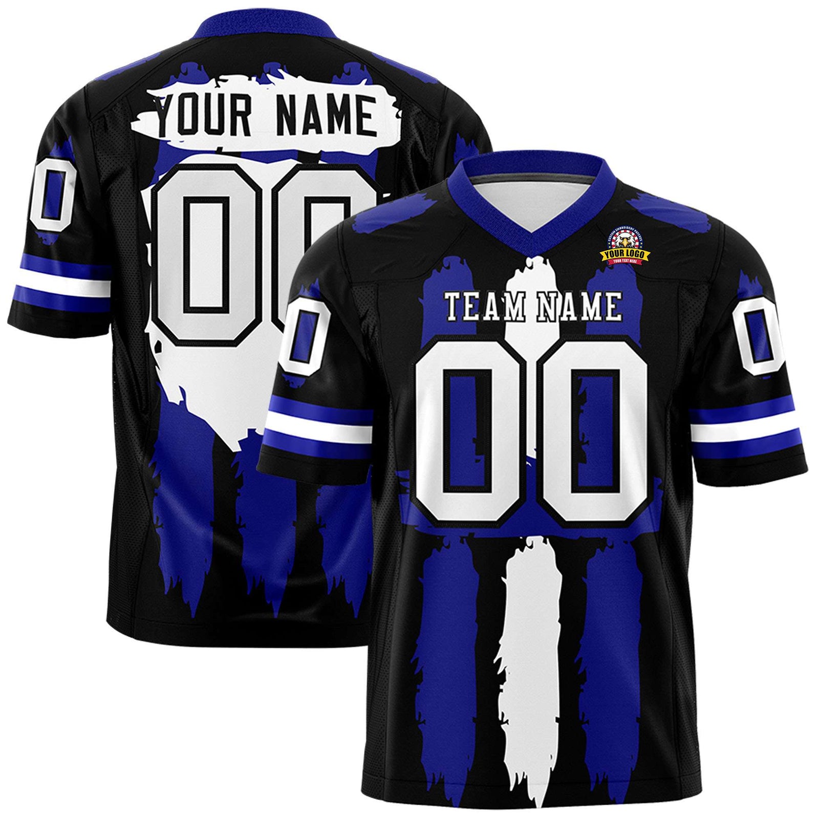 Custom Black Royal and White Graffiti Pattern Flag Football Jerseys