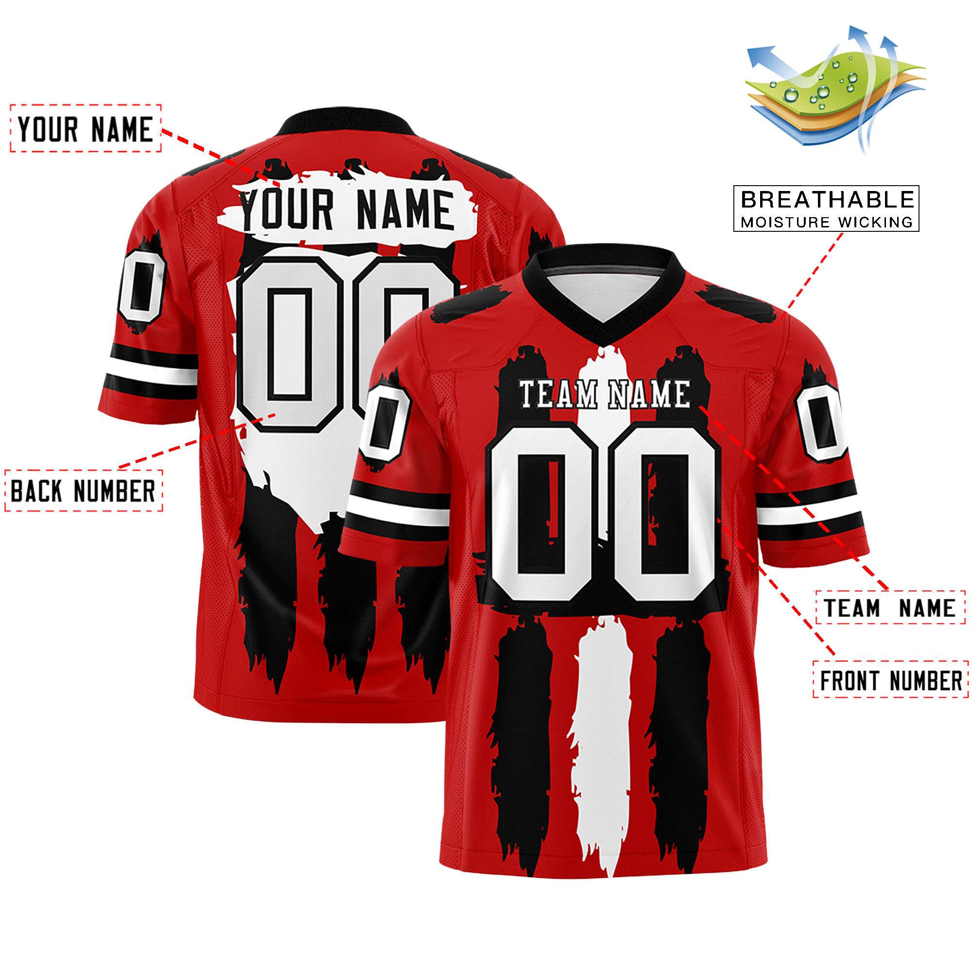 Custom Red Black and White Graffiti Pattern Flag Football Jerseys