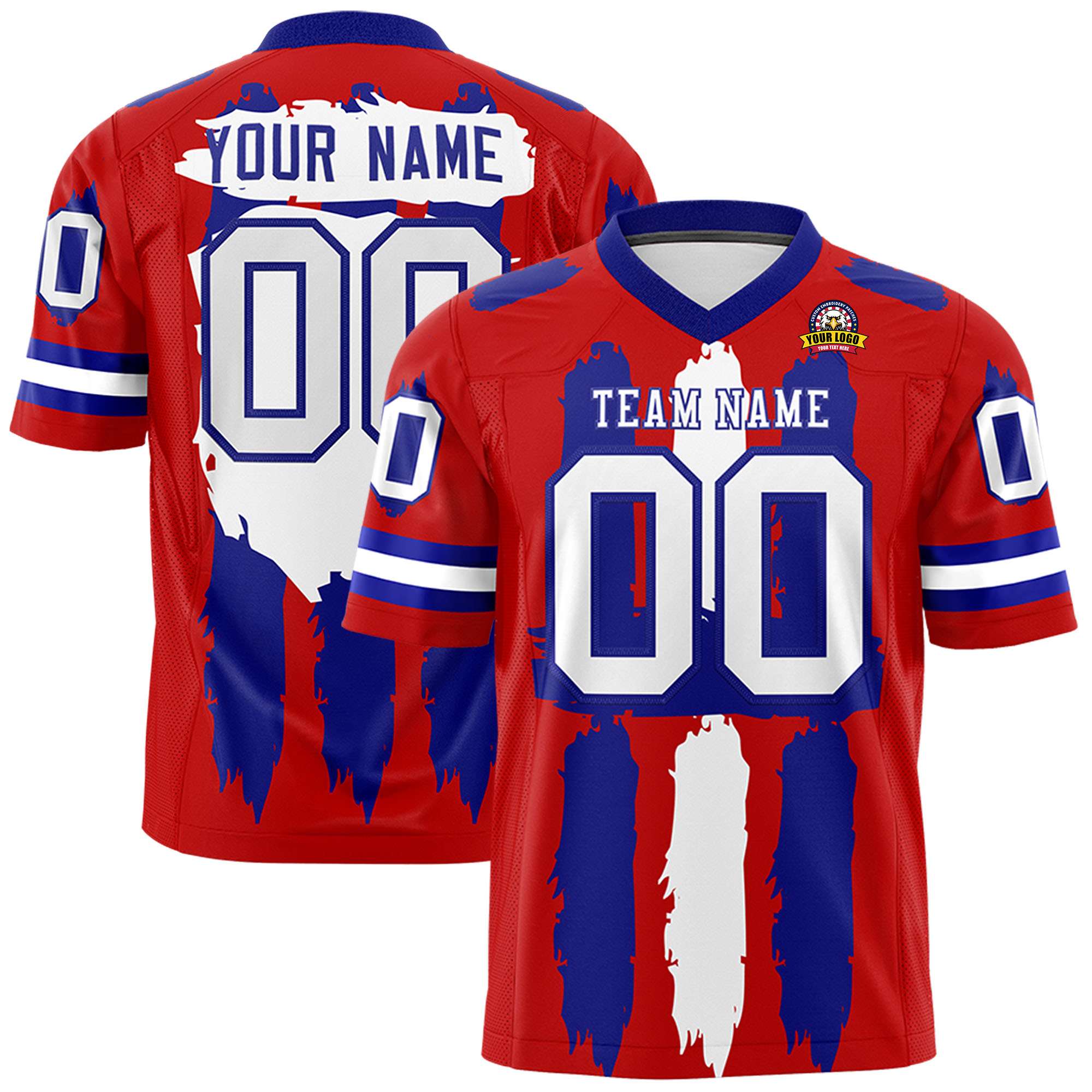 Custom Red Royal and White Graffiti Pattern Flag Football Jerseys