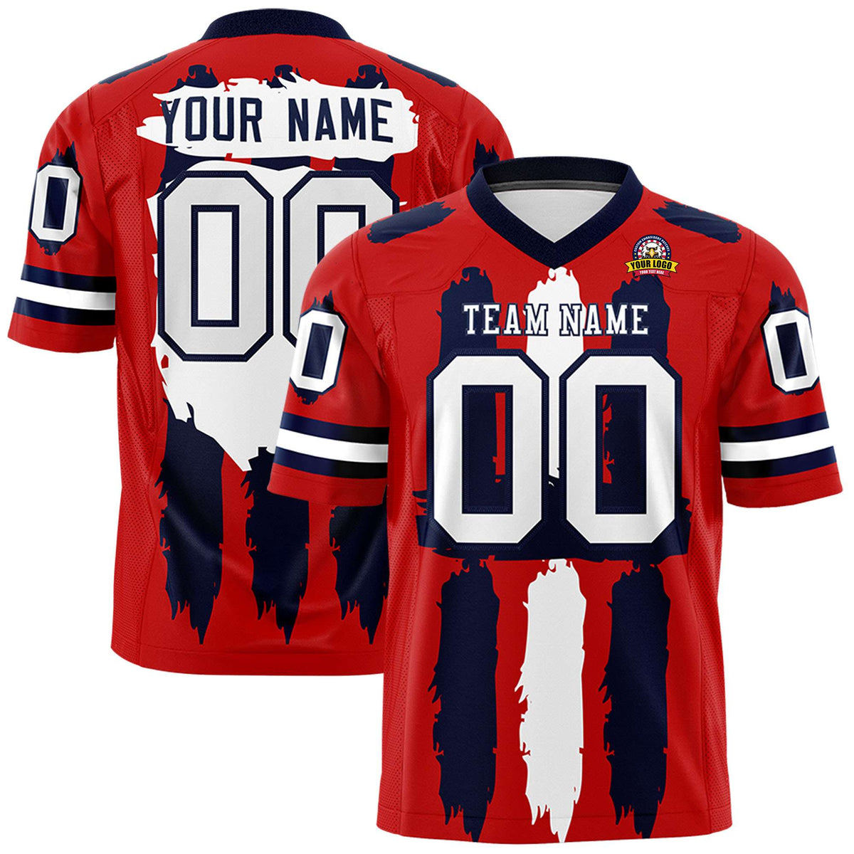 Custom Red Navy and White Graffiti Pattern Flag Football Jerseys
