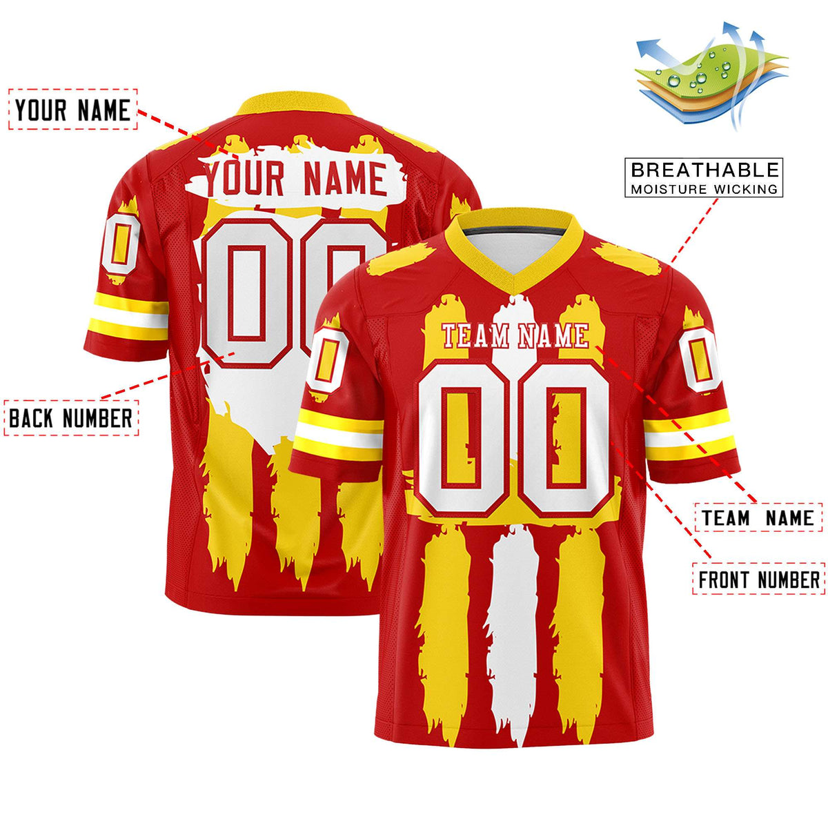 Custom Red Gold and White Graffiti Pattern Flag Football Jerseys