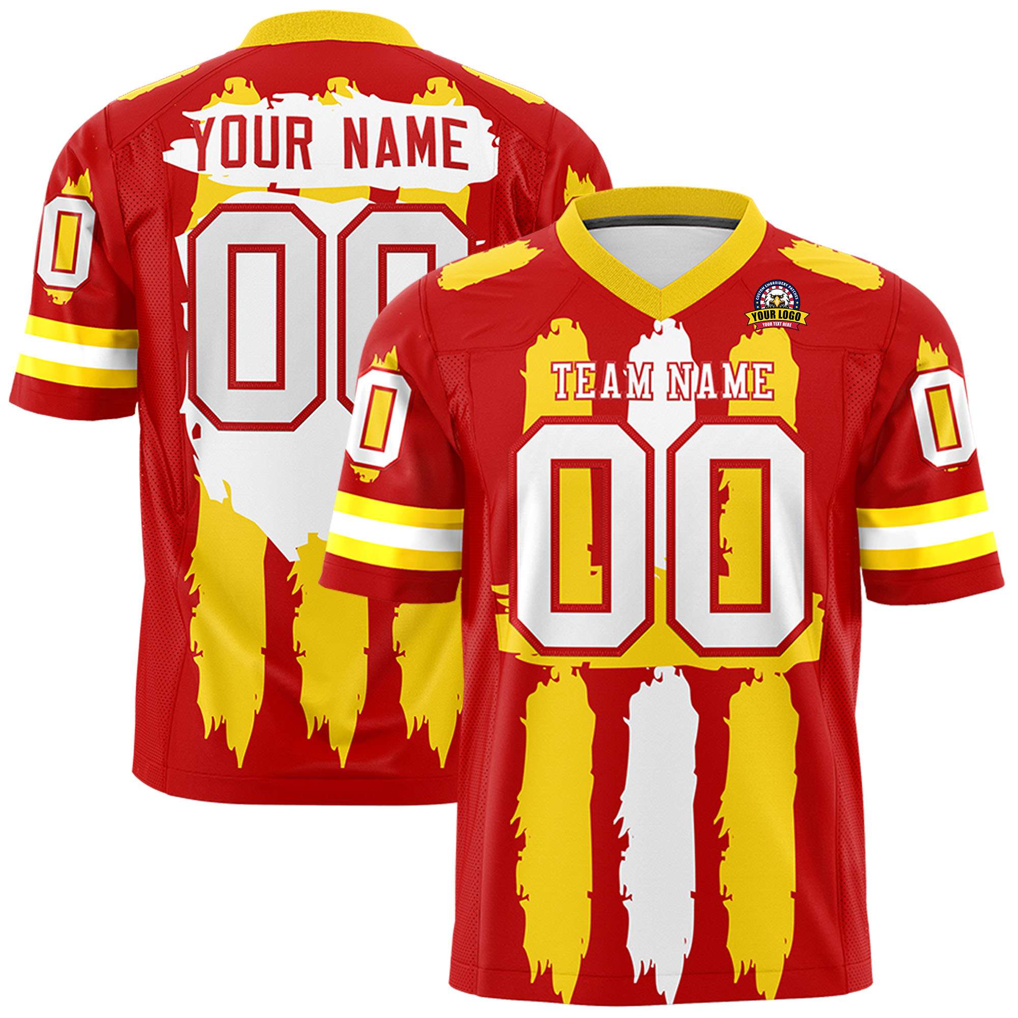 Custom Red Gold and White Graffiti Pattern Flag Football Jerseys