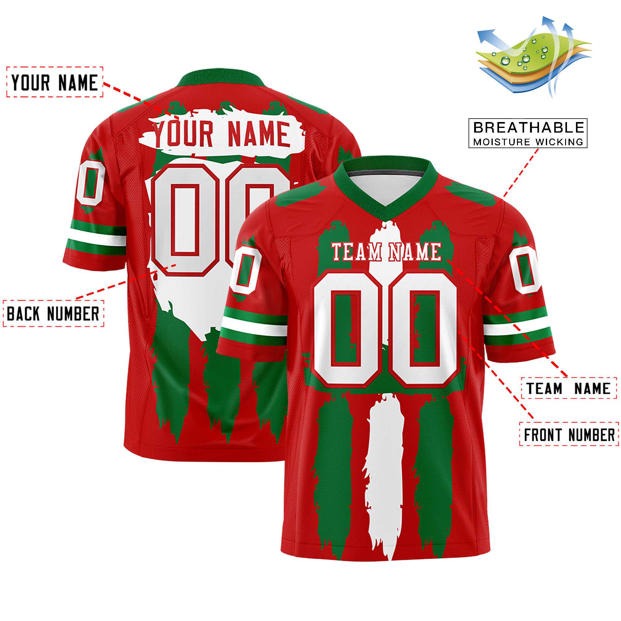 Custom Red Kelly Green and White Graffiti Pattern Flag Football Jerseys
