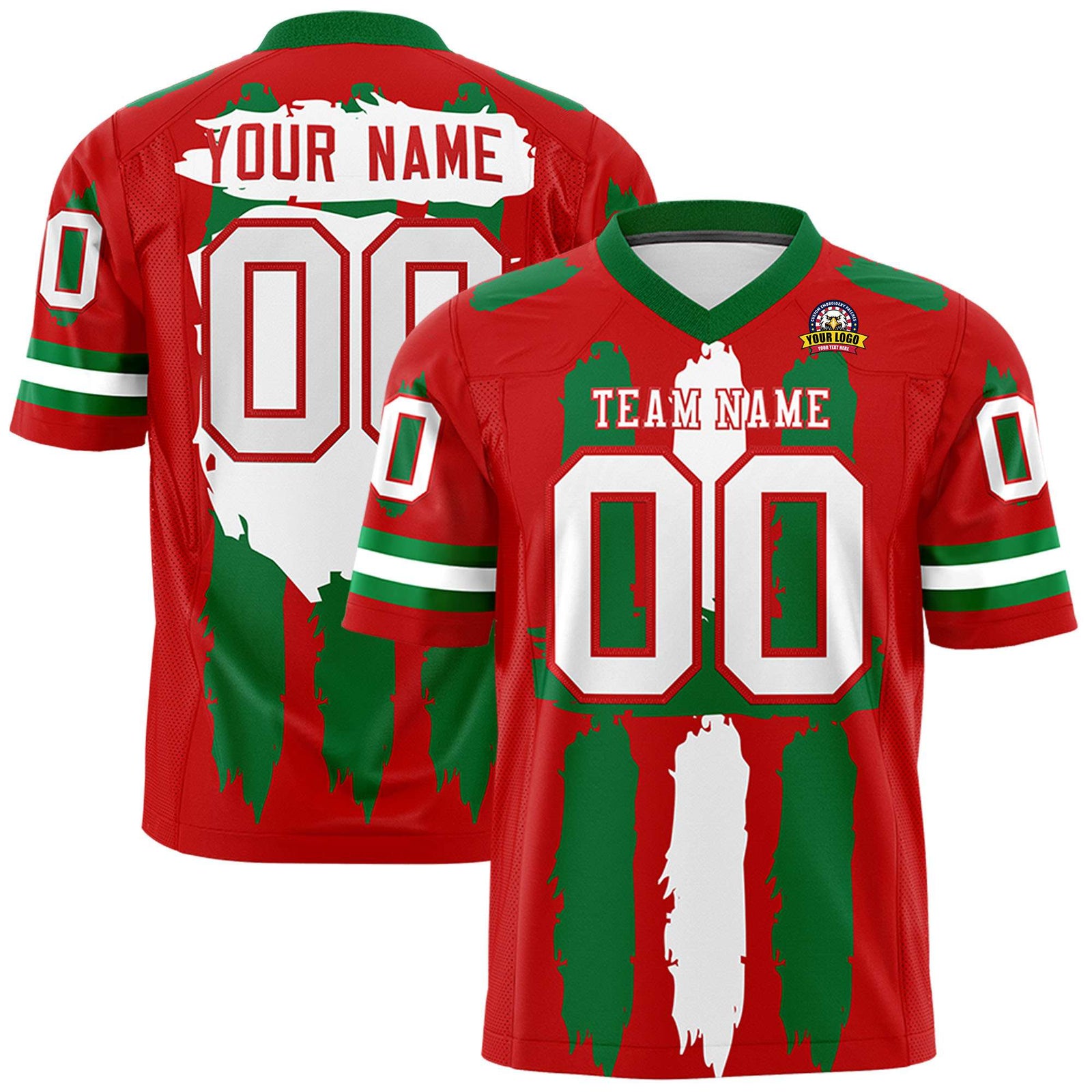 Custom Red Kelly Green and White Graffiti Pattern Flag Football Jerseys