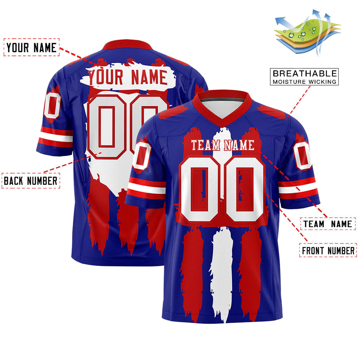 Custom Royal Red and White Graffiti Pattern Flag Football Jerseys