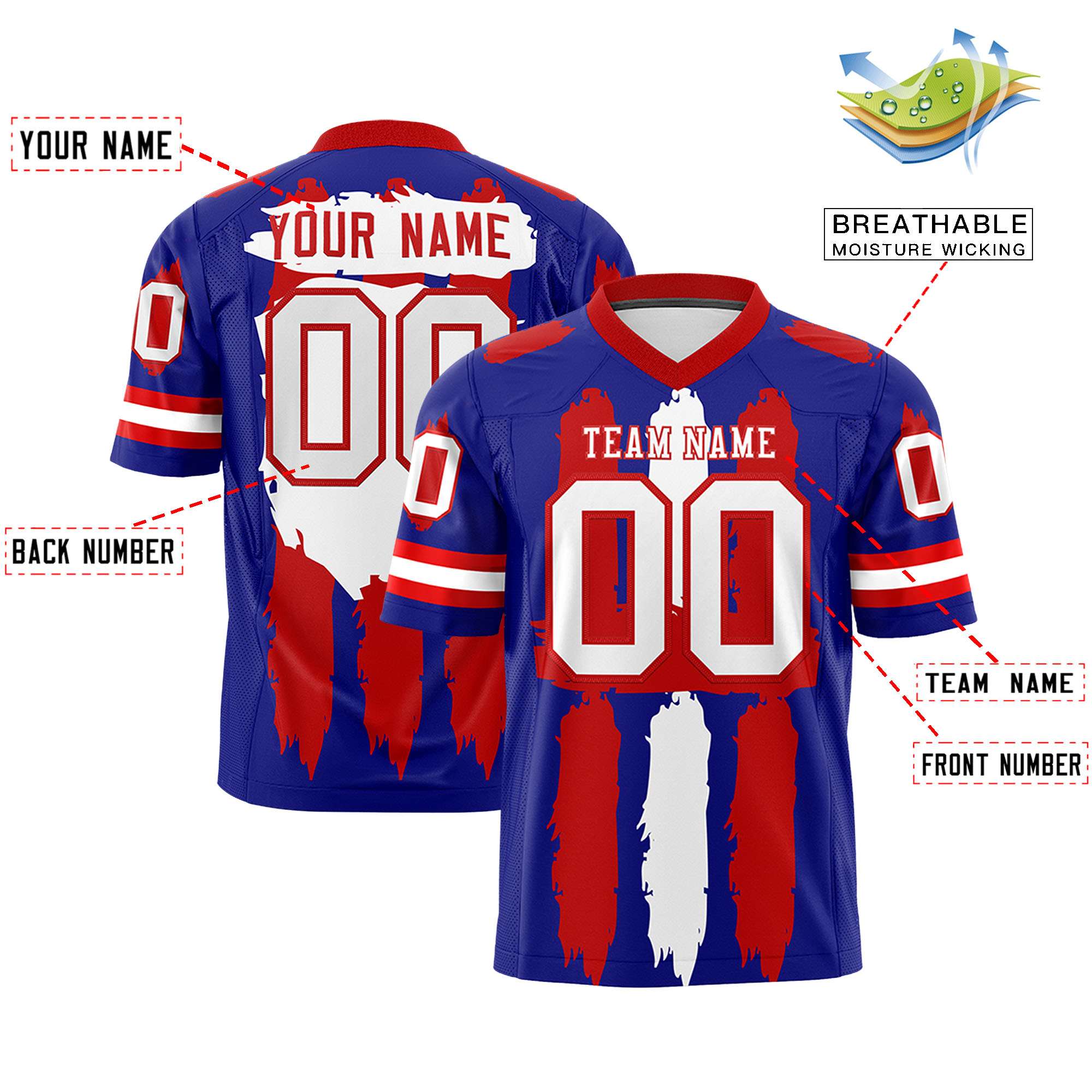 Custom Royal Red and White Graffiti Pattern Flag Football Jerseys