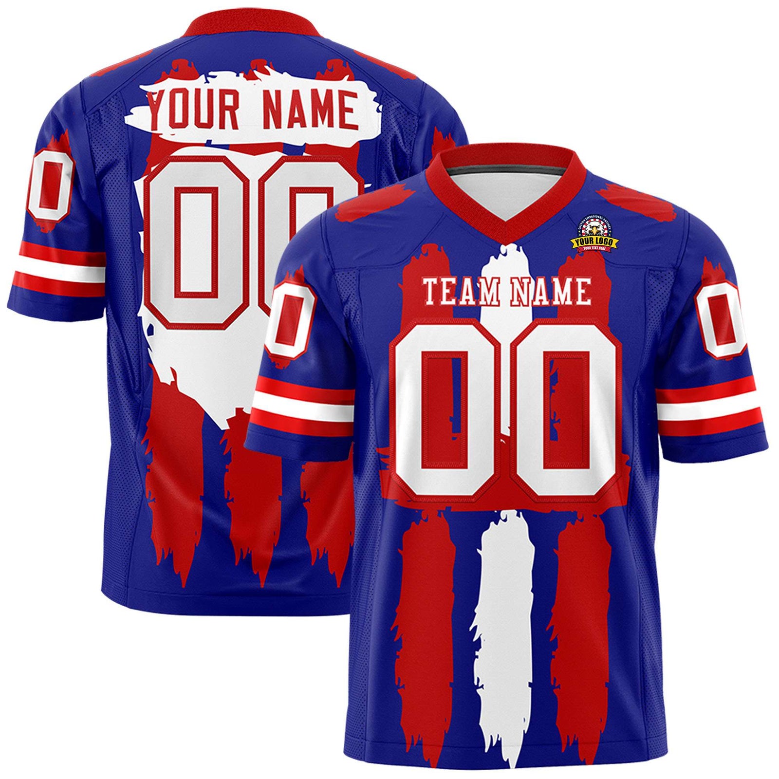 Custom Royal Red and White Graffiti Pattern Flag Football Jerseys