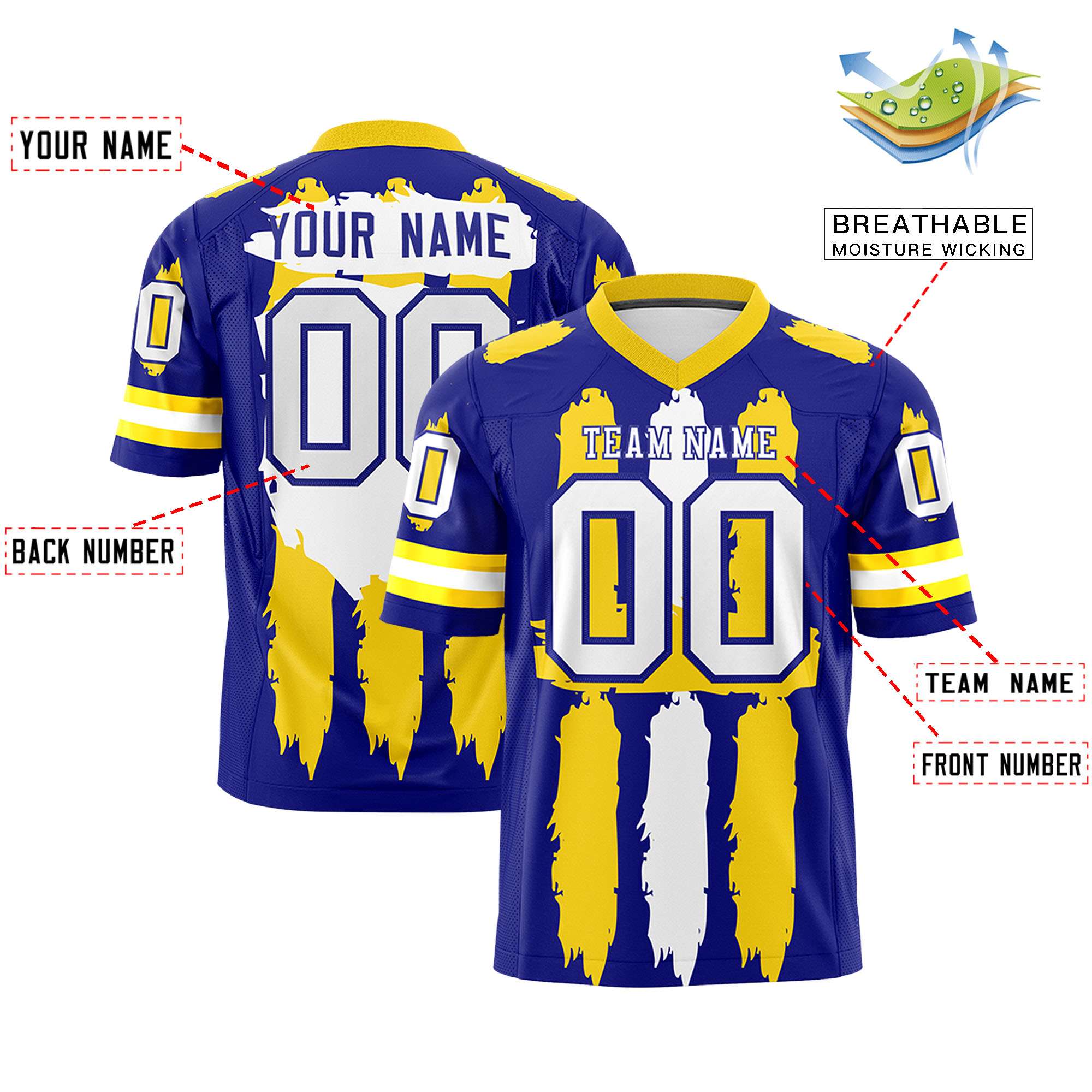 Custom Royal Gold and White Graffiti Pattern Flag Football Jerseys