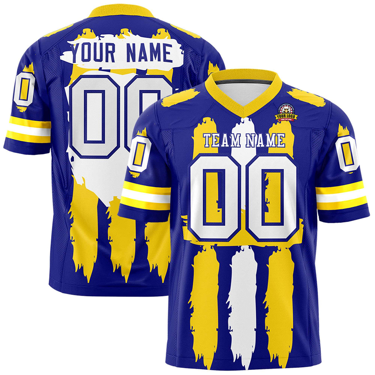 Custom Royal Gold and White Graffiti Pattern Flag Football Jerseys