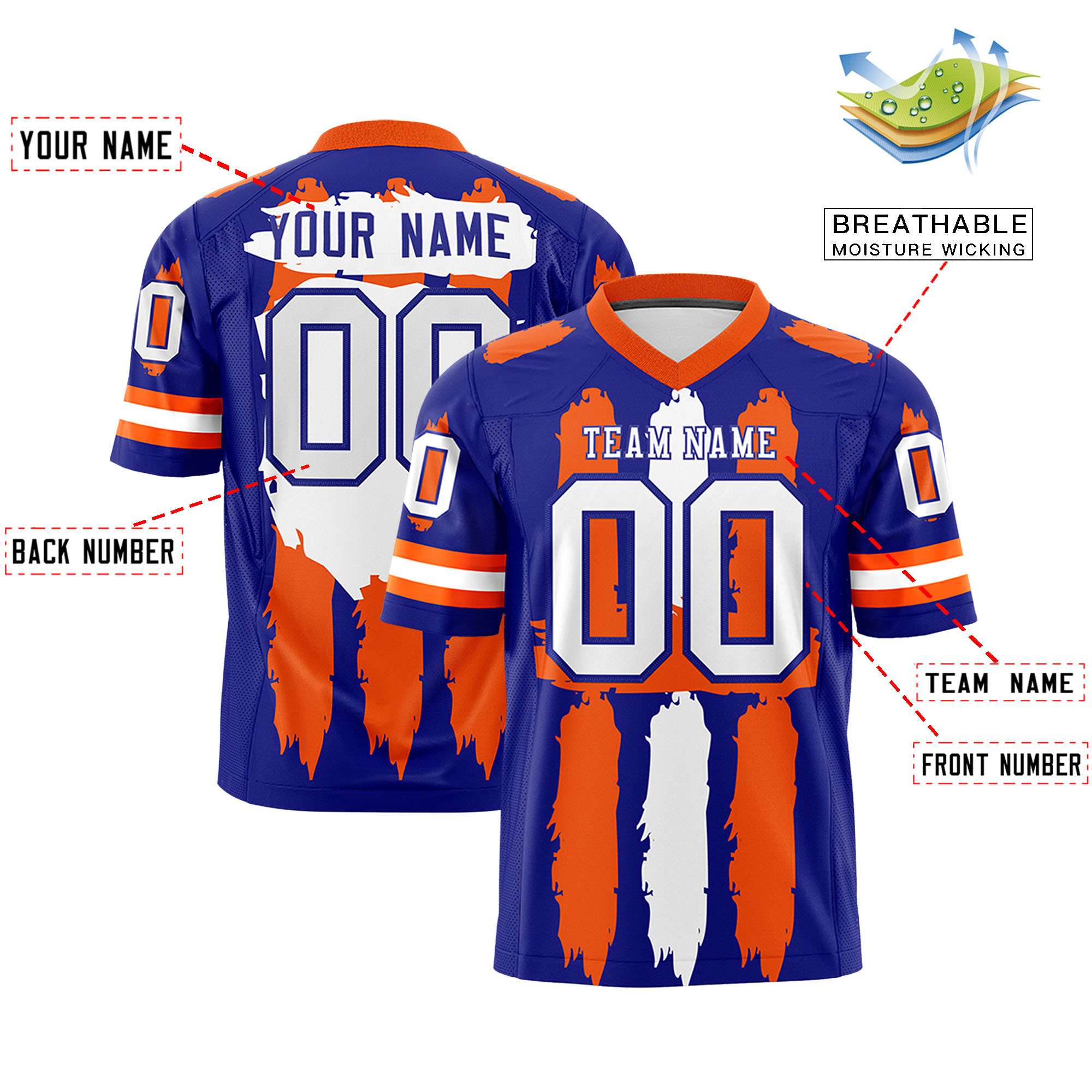 Custom Royal Orange and White Graffiti Pattern Flag Football Jerseys