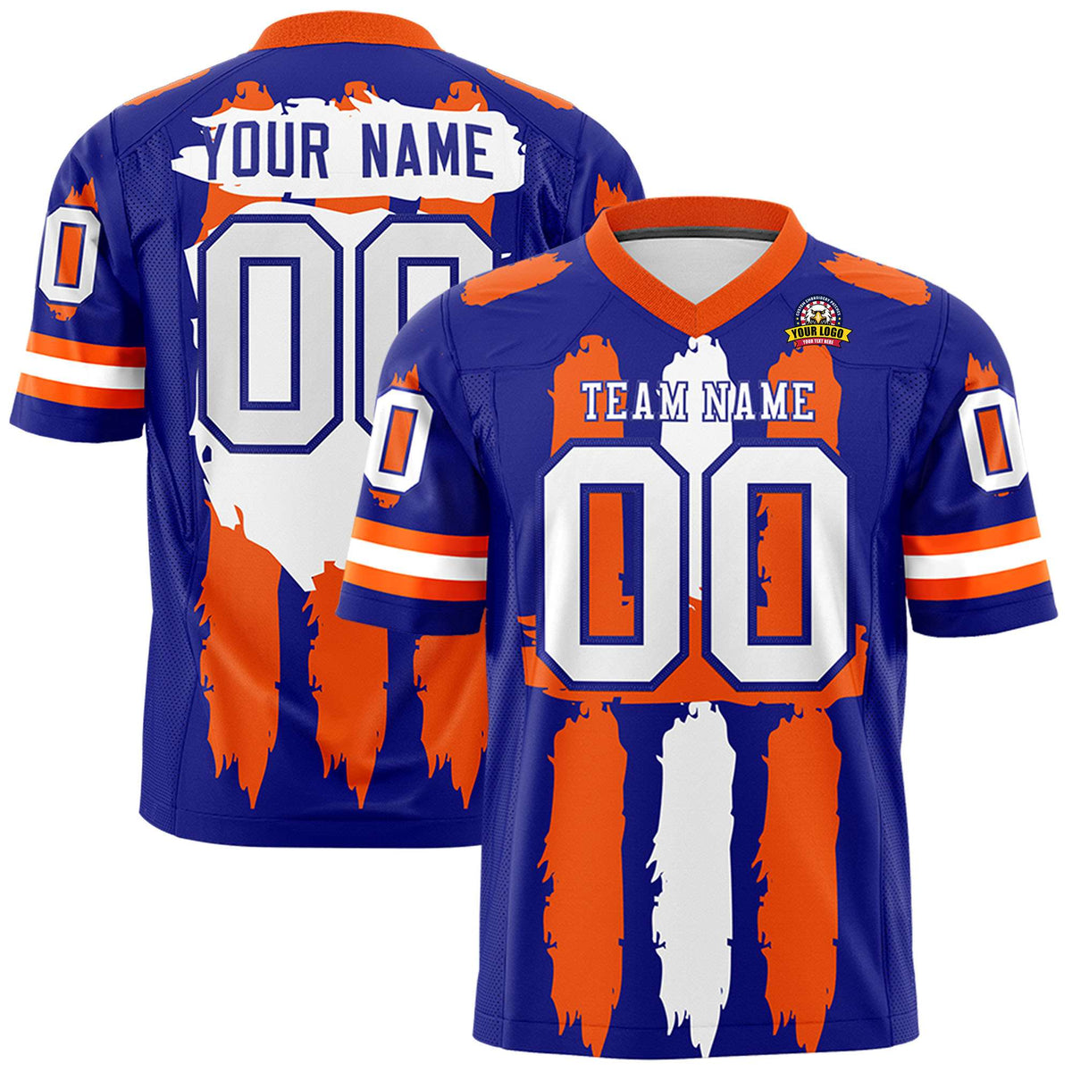 Custom Royal Orange and White Graffiti Pattern Flag Football Jerseys
