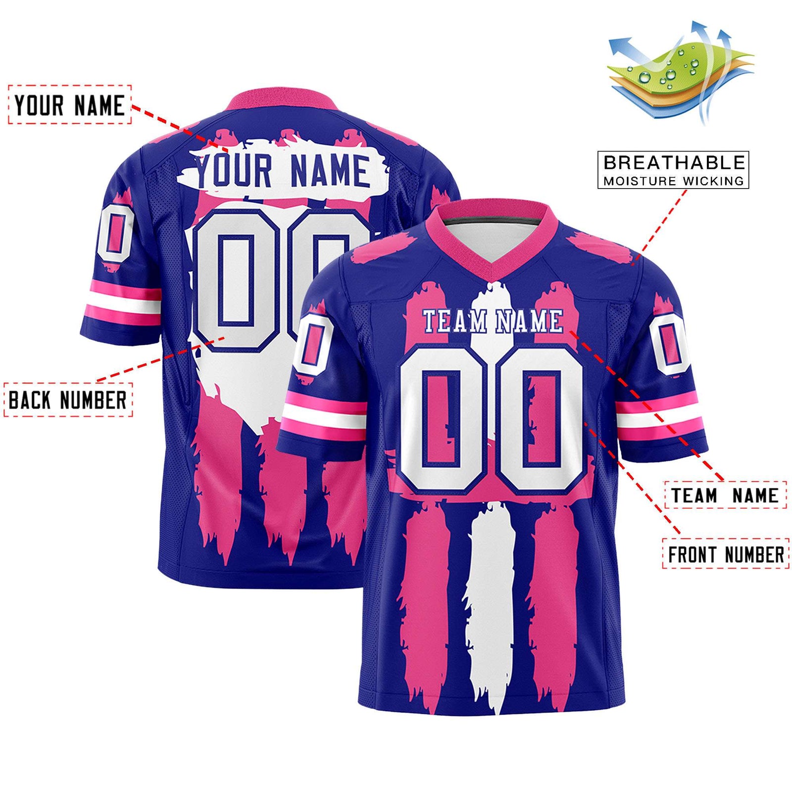 Custom Royal Pink and White Graffiti Pattern Flag Football Jerseys