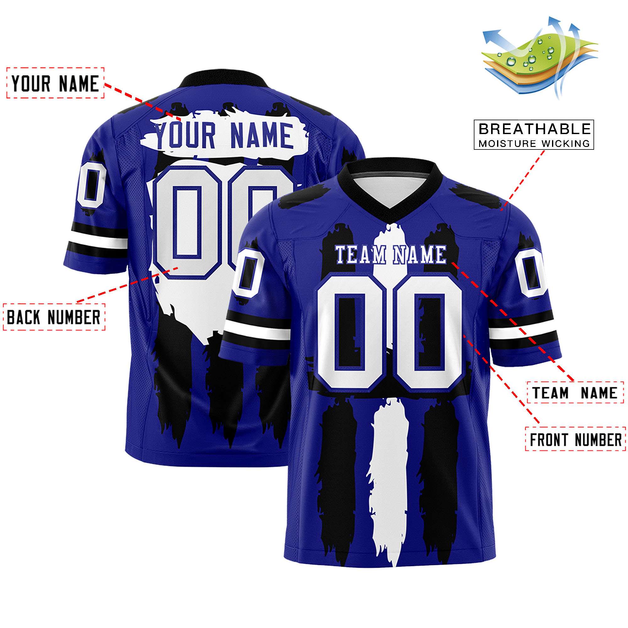 Custom Royal Black and White Graffiti Pattern Flag Football Jerseys