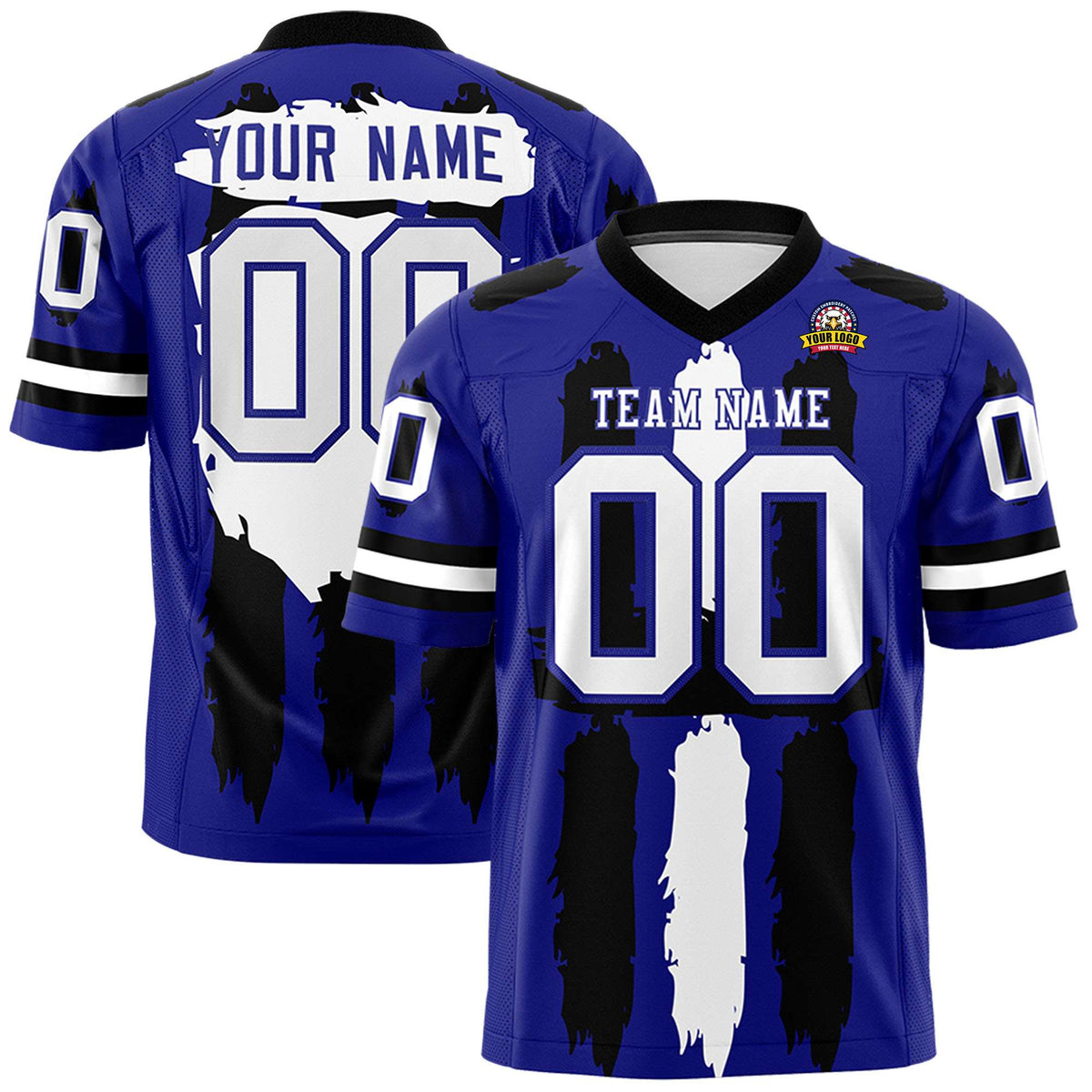 Custom Royal Black and White Graffiti Pattern Flag Football Jerseys