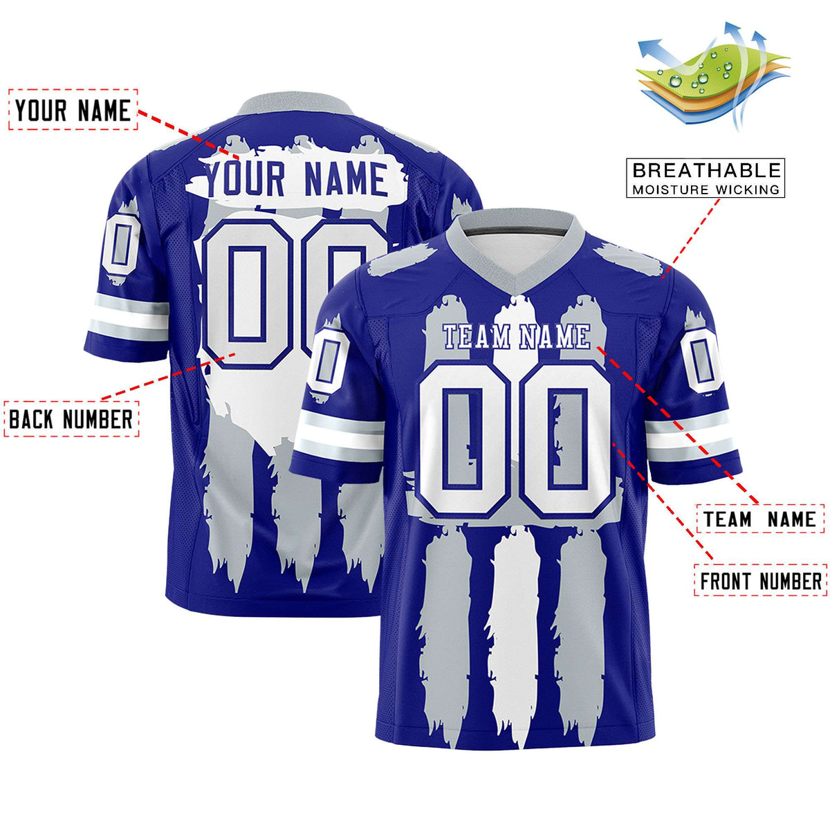 Custom Royal Silver and White Graffiti Pattern Flag Football Jerseys