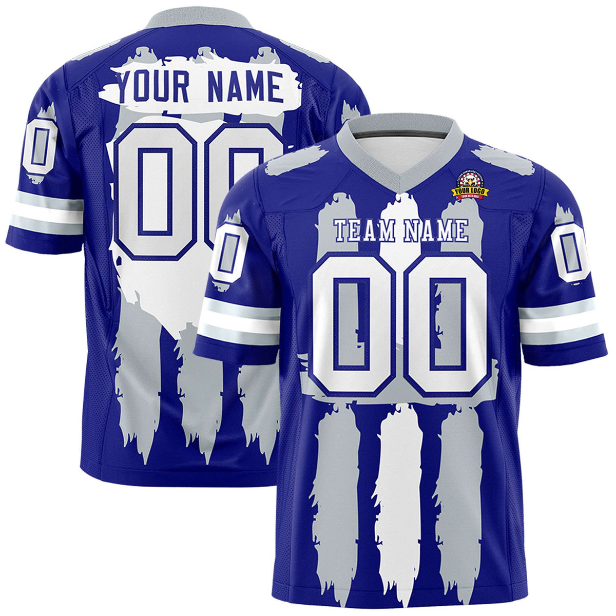 Custom Royal Silver and White Graffiti Pattern Flag Football Jerseys