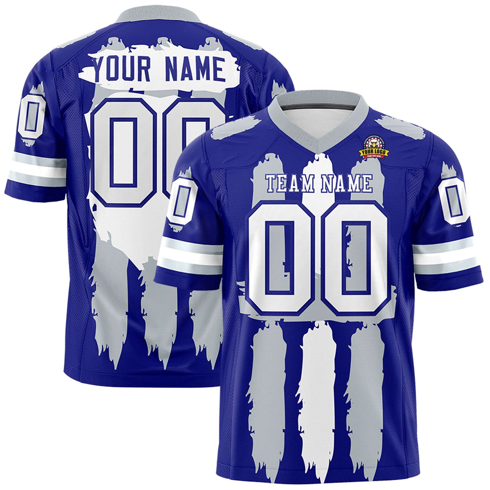 Custom Royal Silver and White Graffiti Pattern Flag Football Jerseys
