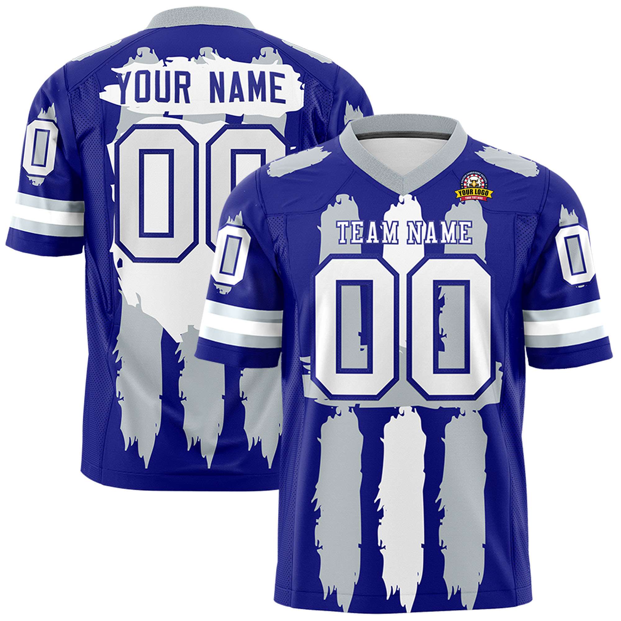 Custom Royal Silver and White Graffiti Pattern Flag Football Jerseys