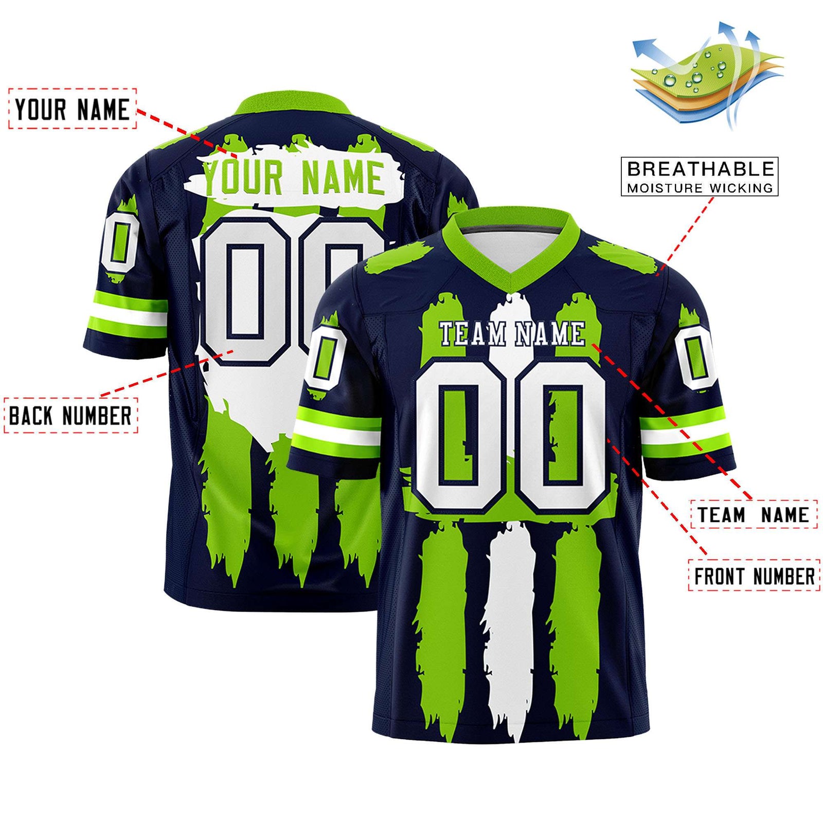 Custom Navy Neon Green and White Graffiti Pattern Flag Football Jerseys