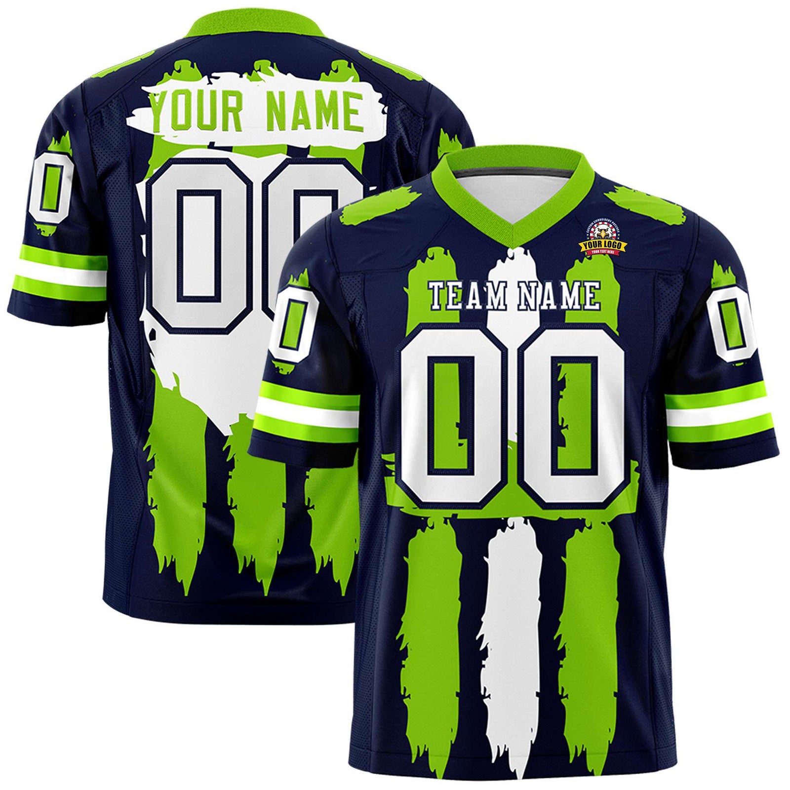 Custom Navy Neon Green and White Graffiti Pattern Flag Football Jerseys