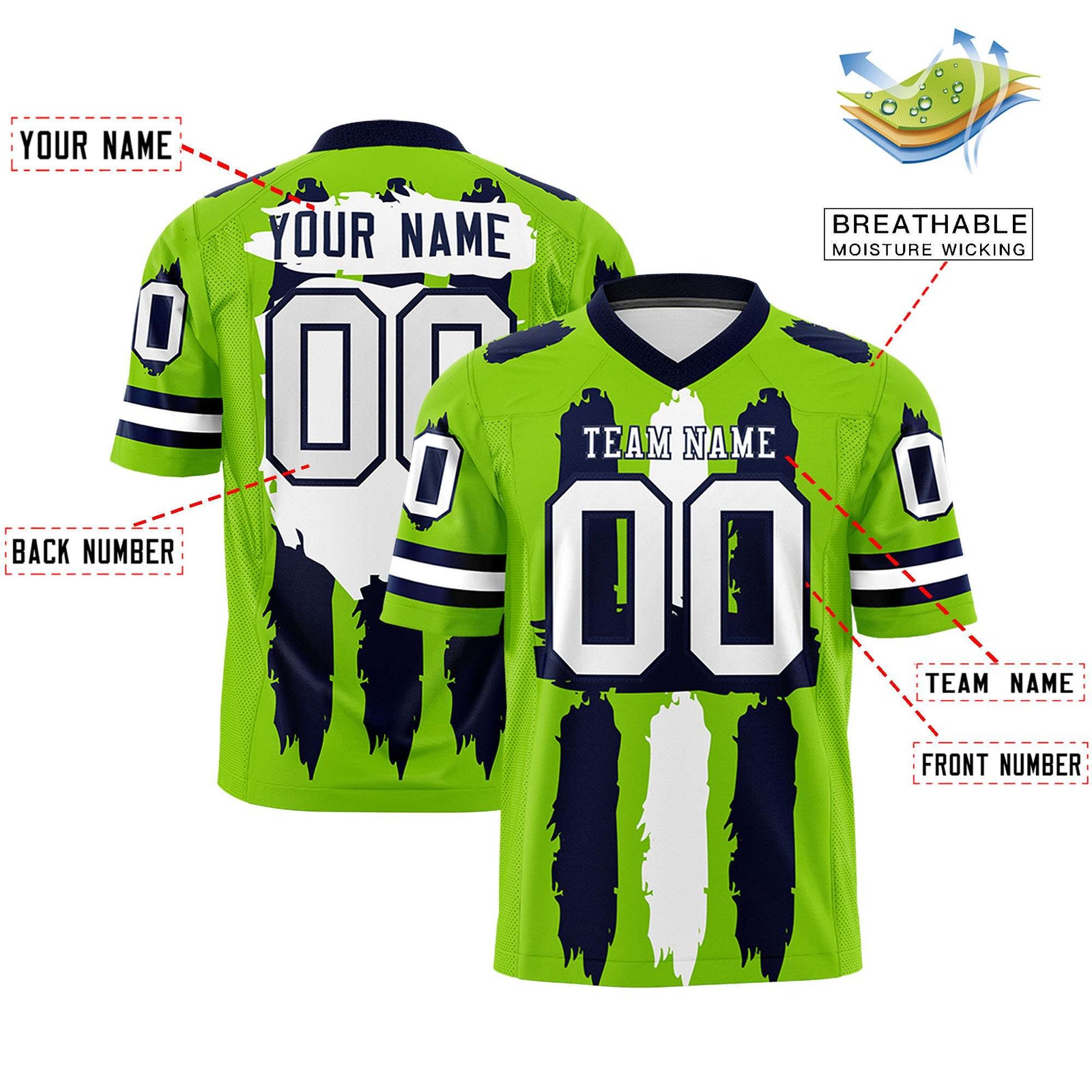 Custom Neon Green Navy and White Graffiti Pattern Flag Football Jerseys