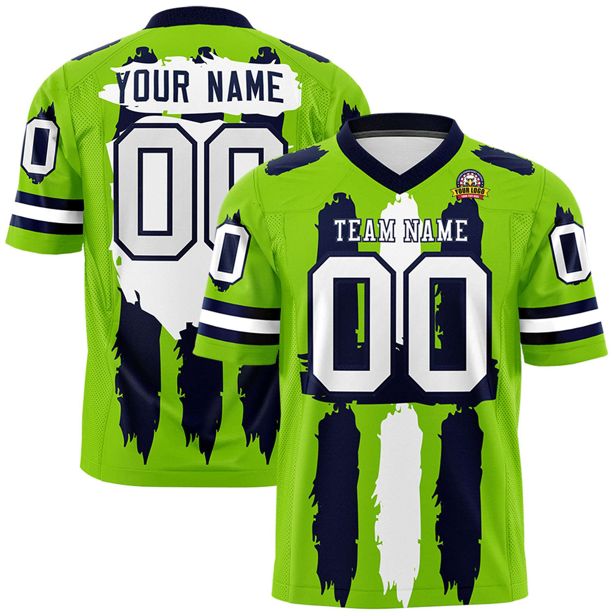 Custom Neon Green Navy and White Graffiti Pattern Flag Football Jerseys