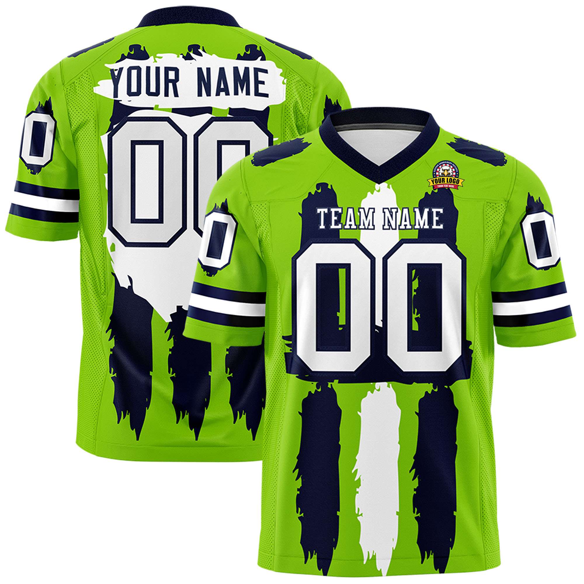 Custom Neon Green Navy and White Graffiti Pattern Flag Football Jerseys