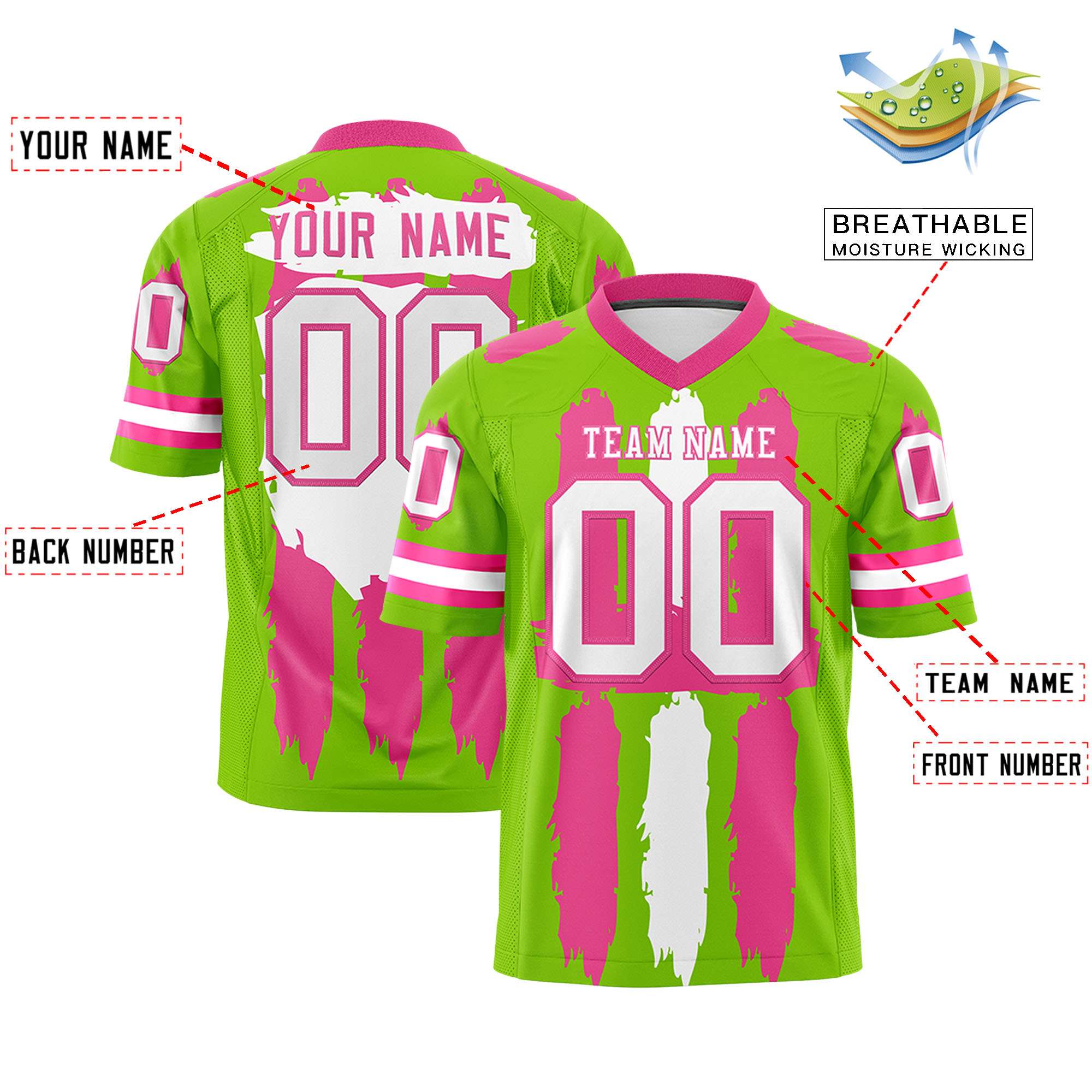 Custom Neon Green Pink and White Graffiti Pattern Flag Football Jerseys
