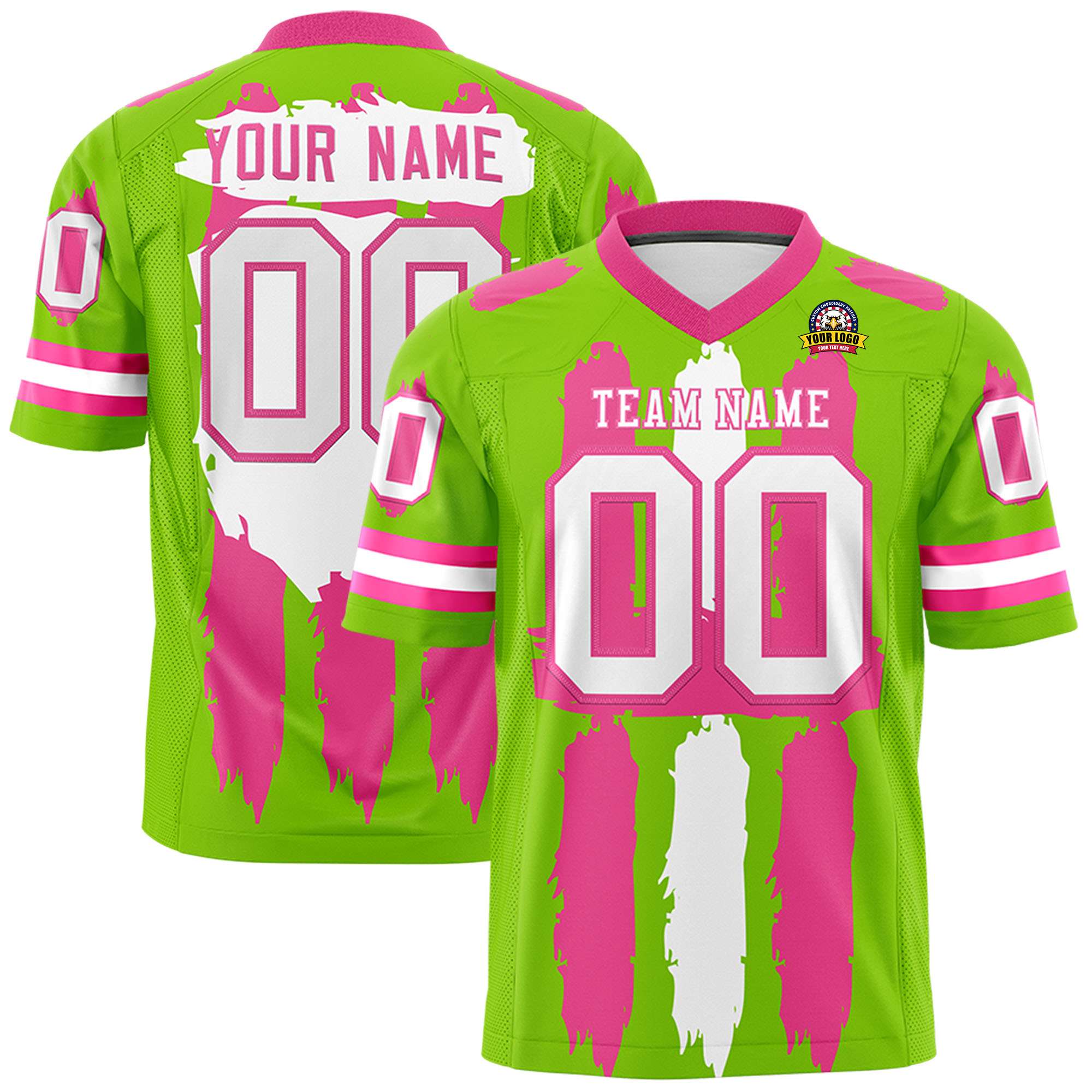 Custom Neon Green Pink and White Graffiti Pattern Flag Football Jerseys