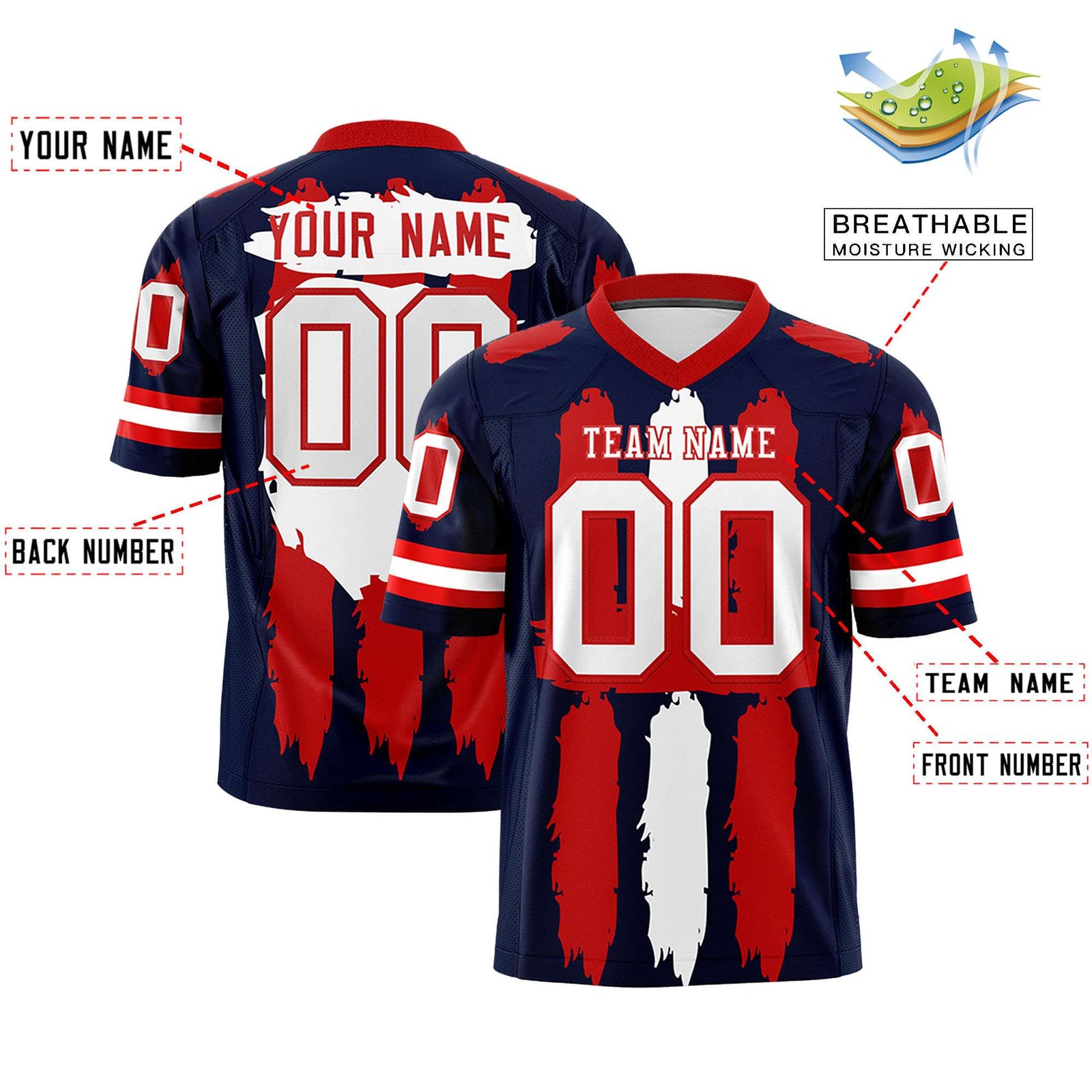 Custom Navy Red and White Graffiti Pattern Flag Football Jerseys