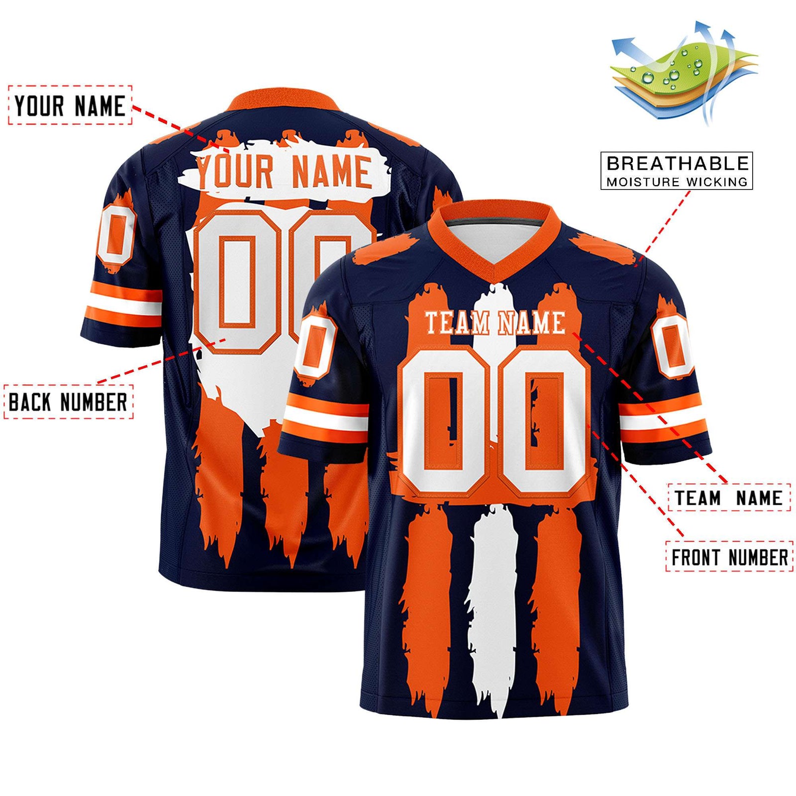 Custom Navy Orange and White Graffiti Pattern Flag Football Jerseys